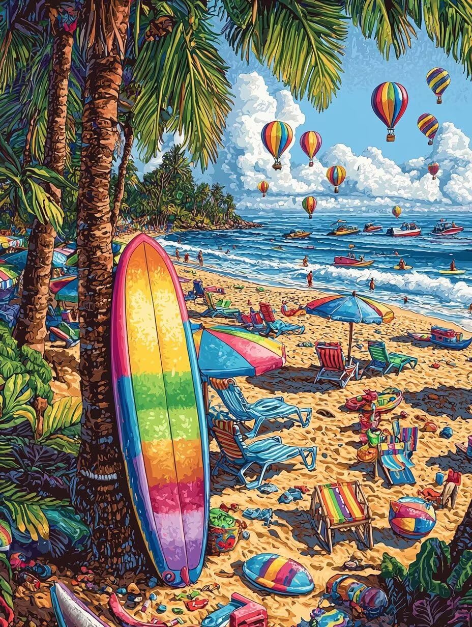 Dipingere con i Numeri Adulti Vista marina e tavola da surf, 80x100cm s-294 | Pittura a Olio Kit, fai da te Quadri da Dipingere Numerat, Adulti Bambini Hobby Creativi,Pittura Adulti Decora la Casa Regalo