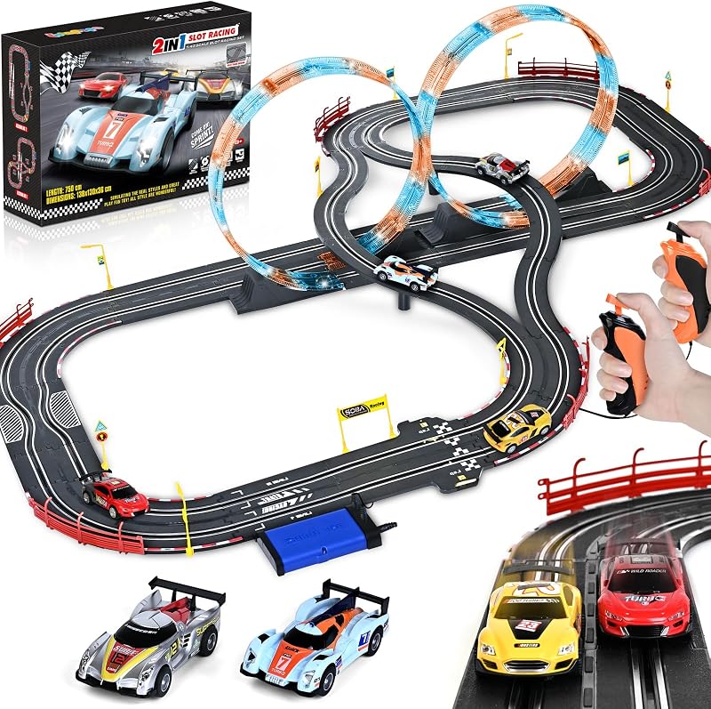 Regalos de juguetes para niños para 6 7 8-12 años, juegos de pistas de carreras de autos tragamonedas con 4 autos tragamonedas | Pista de batería o auto eléctrico con luz de flash, juego de carreras dual Contador de vueltas Pista de paso elevado circular Regalos para niños