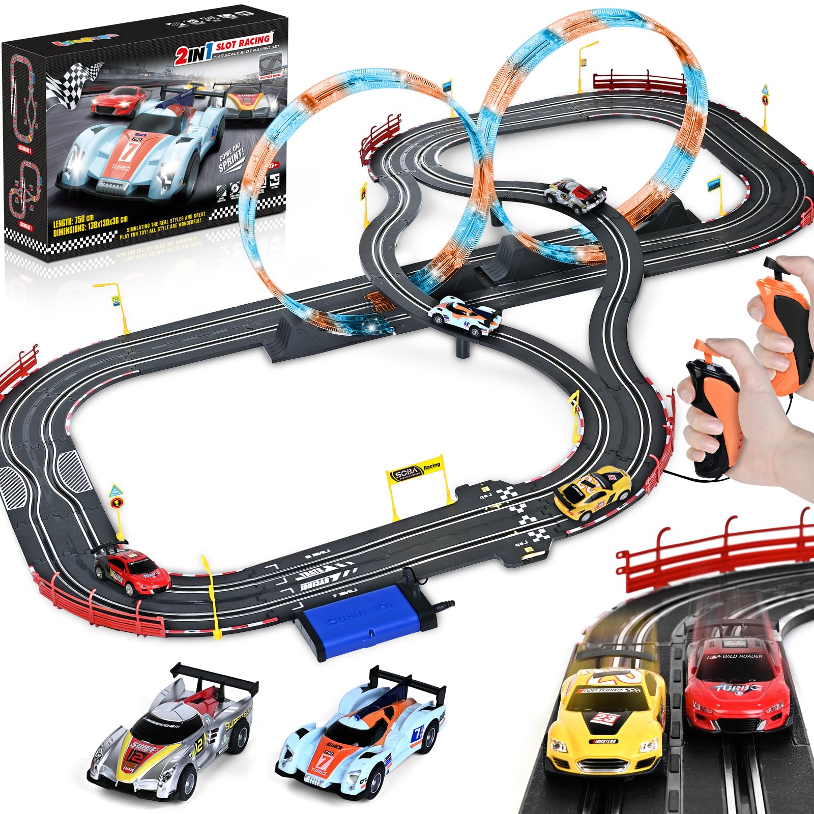 Boy Toys Gifts for 6 7 8-12 Years Old, Slot Car Race Track Sets with 4 Slot Cars, Battery or Electric Car Track with Flash Light, Dual Racing Game Lap