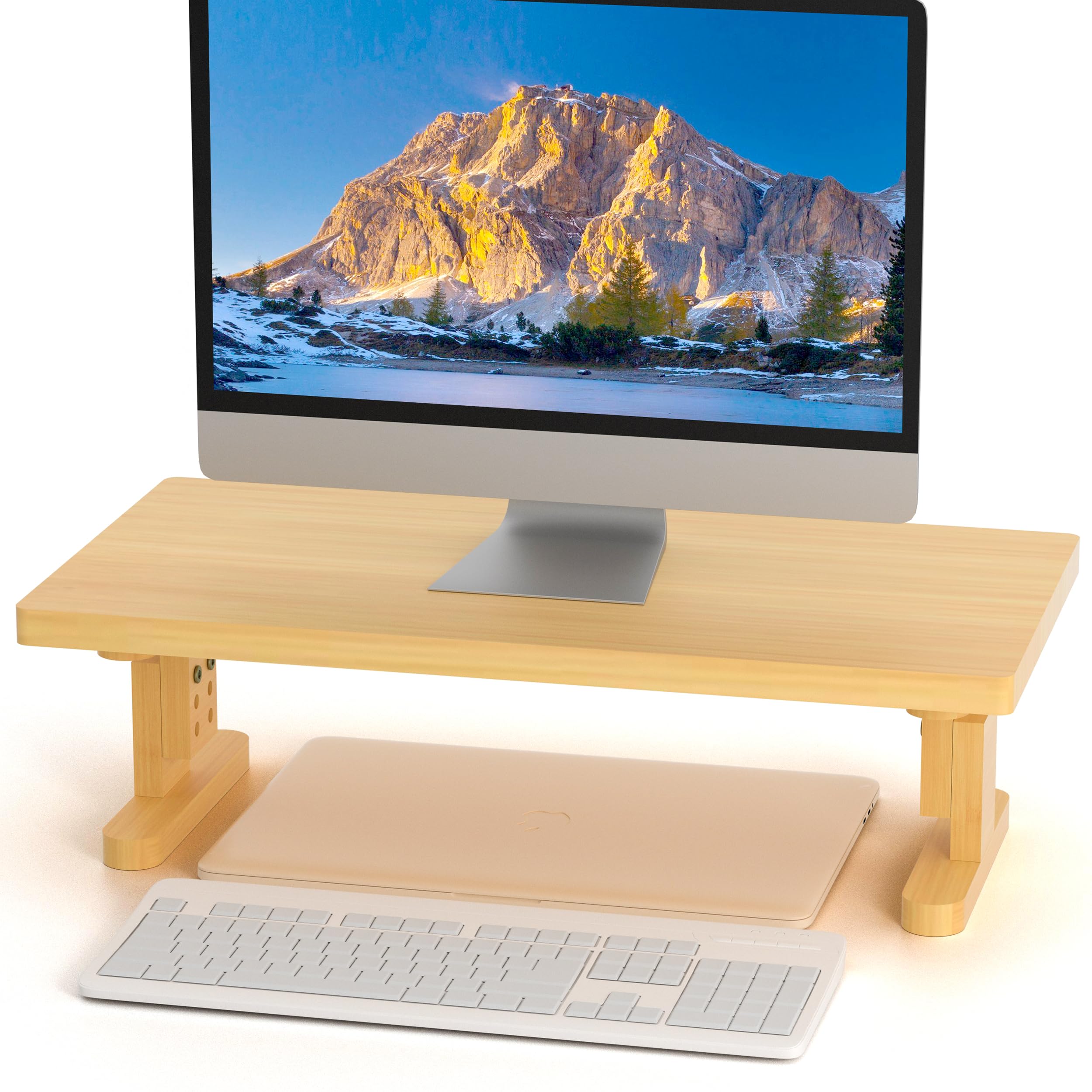 Qecamy Bamboo Monitor Stand Riser for Desk, Height Adjustable Computer Riser & Laptop Stand, Ergonomic Desktop Organizer Shelf W/ Underneath Storage, Sturdy 100 lbs Capacity for Printer/TV/Home Office