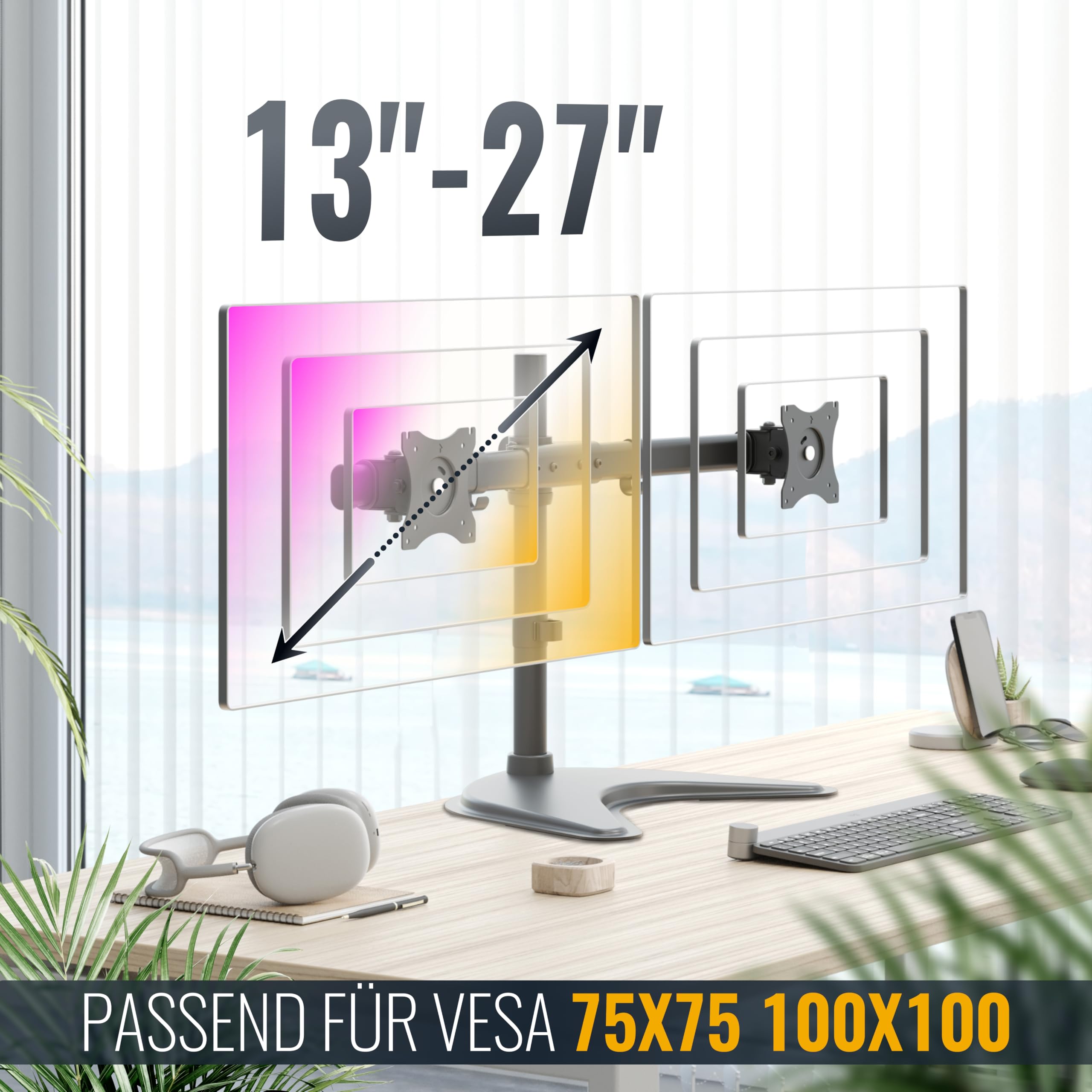 Ricoo Monitor Halterung 2 Monitore Tischhalterung TS8211 Monitorhalterung für 13–27 Zoll Monitorarm zur Tischmontage VESA 75x75 100x100 Bildschirmhalterung schwenkbar Monitorhalter höhenverstellbar – Bild 5