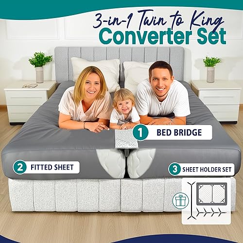 Miniatura 2 de Kit de convertidor de sábanas ajustadas 3 en 1 con puente de cama unido Twin (XL) a King con juego de correa para sábanas Relleno de huecos