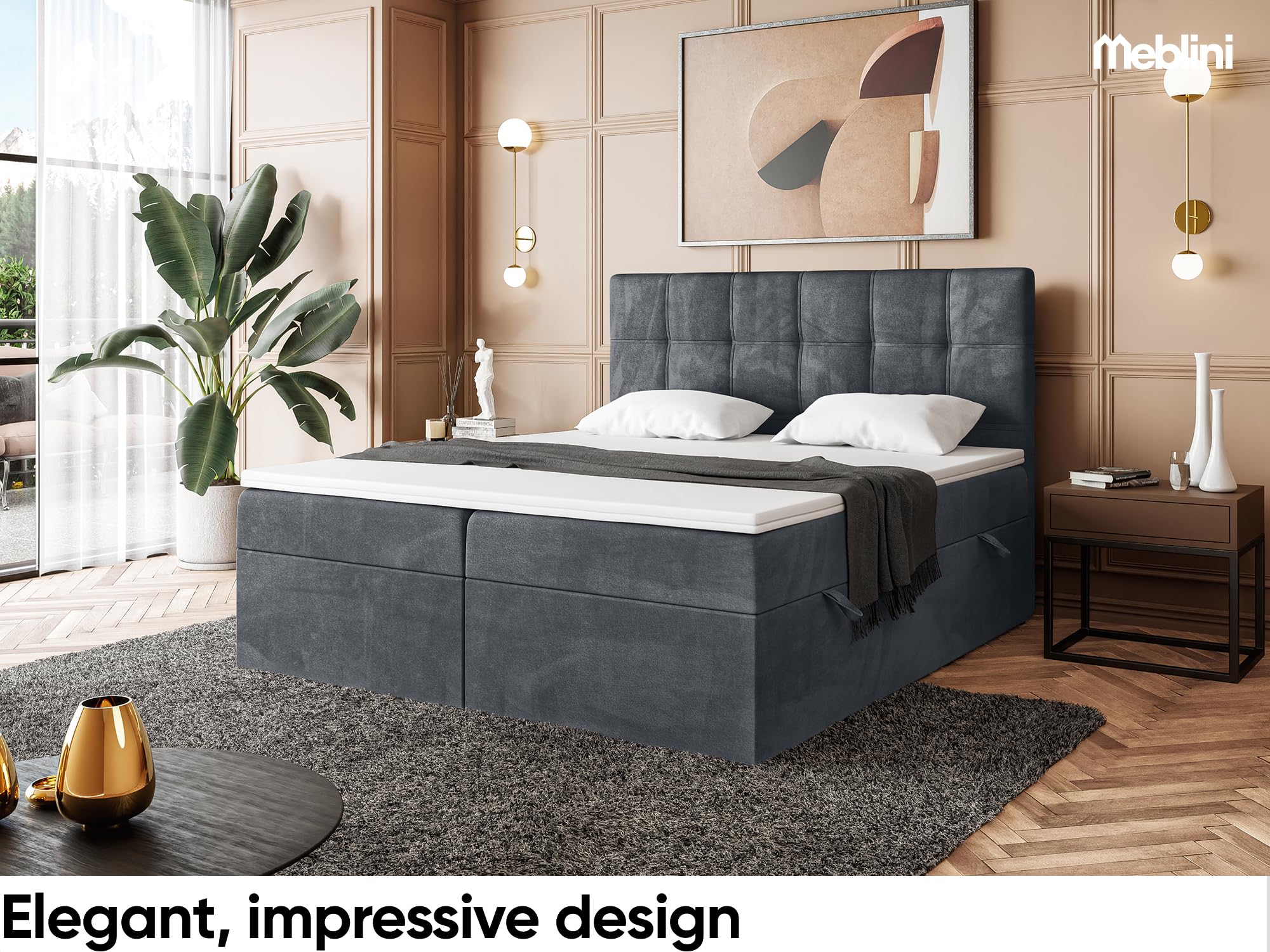MEBLINI Boxspringbett mit Bettkasten - 140x220 - H4/Dunkelgrau Samt - Kai - Gepolstert Doppelbett mit Matratze und Topper - Polsterbett mit Stauraum - Bett mit Kopfteil - Stauraumbett