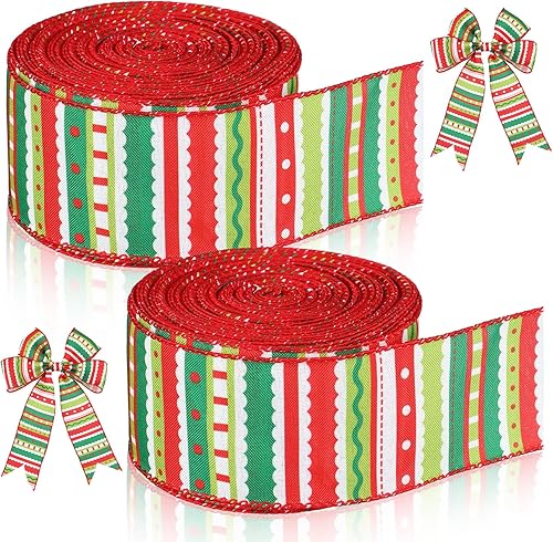 2 rollos de cinta de Navidad en espiral con puntos con alambre con rayas envueltas con alambre, cinta de tela colorida, cintas decorativas de