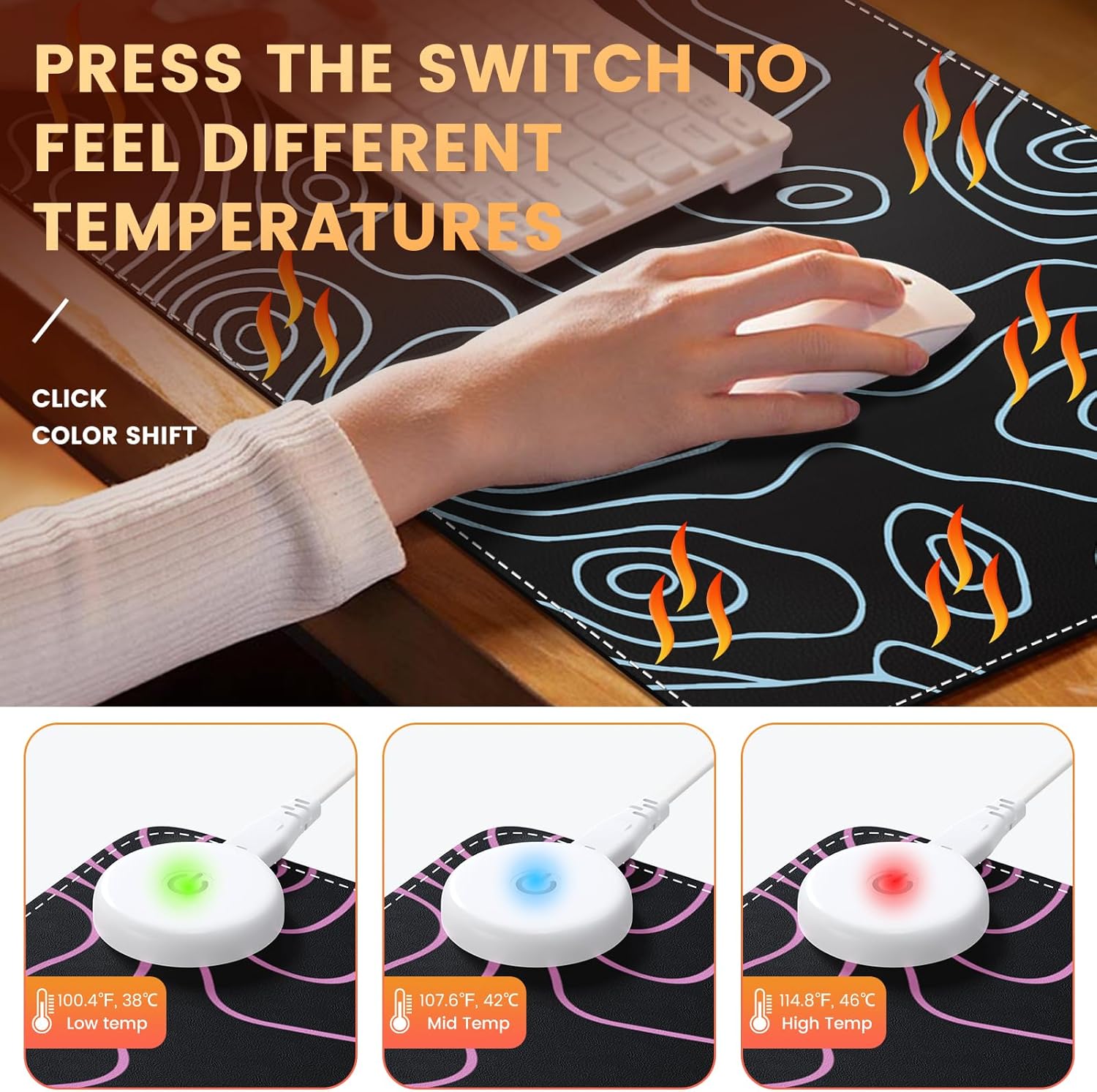 iLeadon Heated Mouse Pad, Heated Desk Mat, Electric Warm Desk Pad with 4 Heating Levels & 4 Auto Shut-Off Levels, 35.4" x 15.7" Large Safe Desk Mat Hand Warmer for Home Office Work, Black Topographic