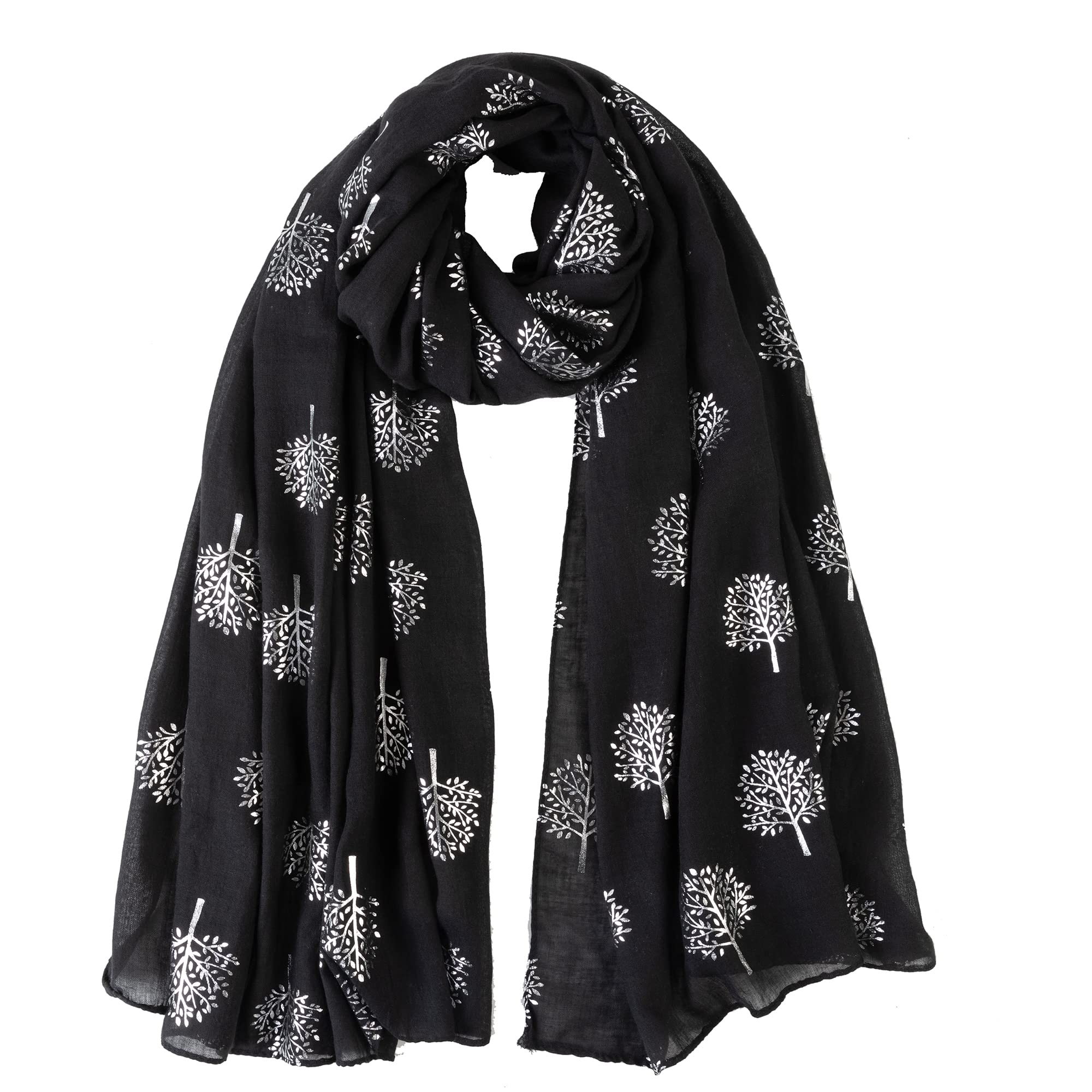 London Scarfs Women's Black Glitter Mulberry Trees Scarf Foil Printed Tree Fashion Wrap (Black)