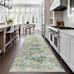 Madane Runner Rug 2x8, Washable Hallway Runner Rugs, Non-Slip Low-Pile Soft Kitchen Rug Runner Laundry Room Rug, Vintage Throw Entry Foyer Mat for Entrance Living Room (Green, 2 x 8)