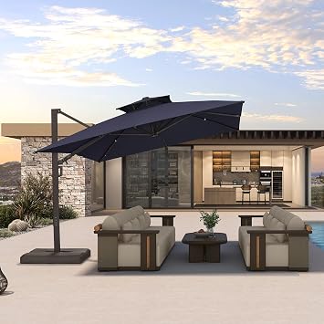 PURPLE LEAF Patio Cantilever Umbrella 10 X 13 Dual-Top Canopy, Navy Blue