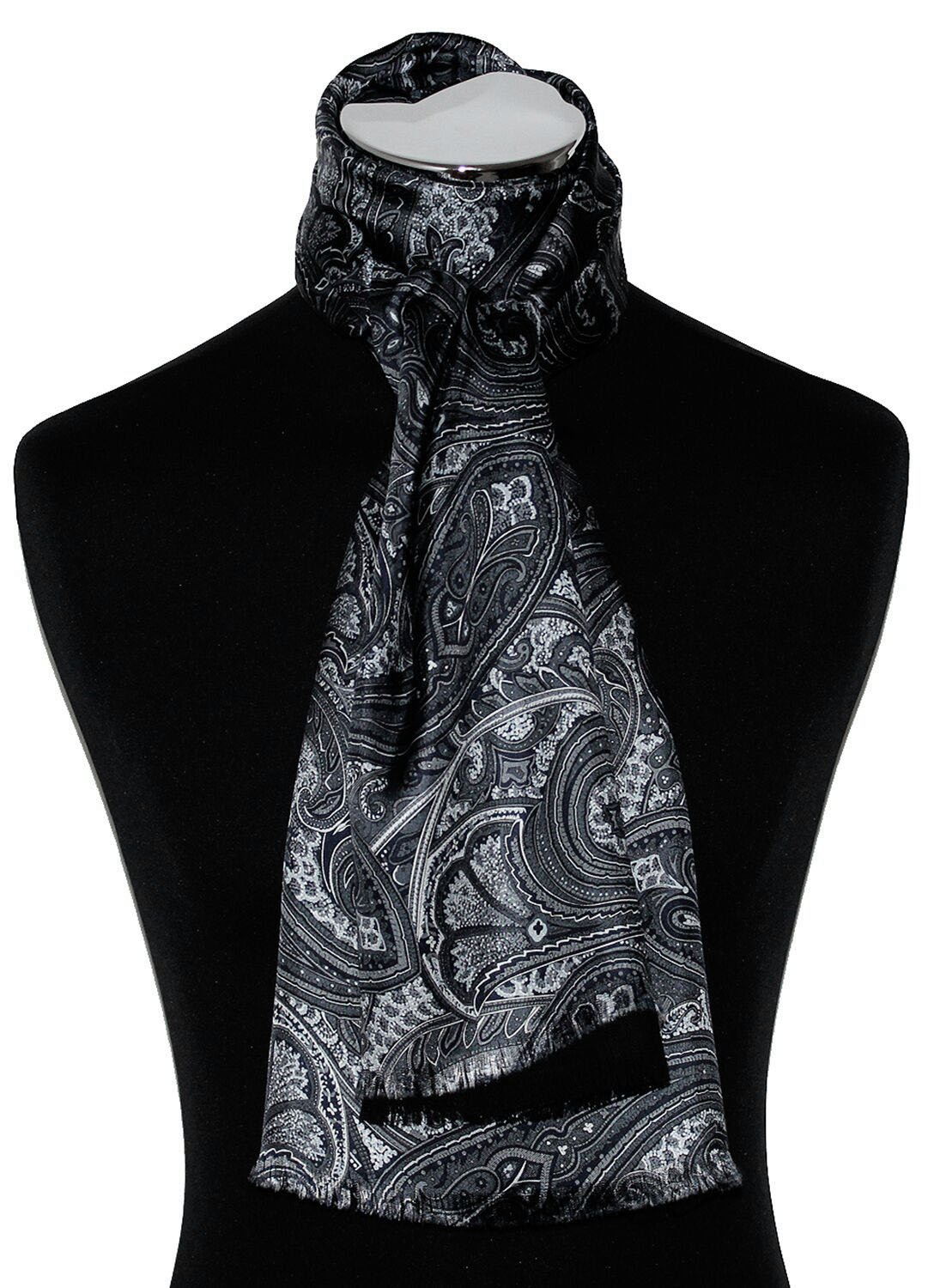 LORENZO CANA Foulard de 50% soie et 50% laine pour la femme – écharpe réversible avec les mesures de 30 x 160 cm - attrayant et noble pour le printemps et l´été en gris blanc noir