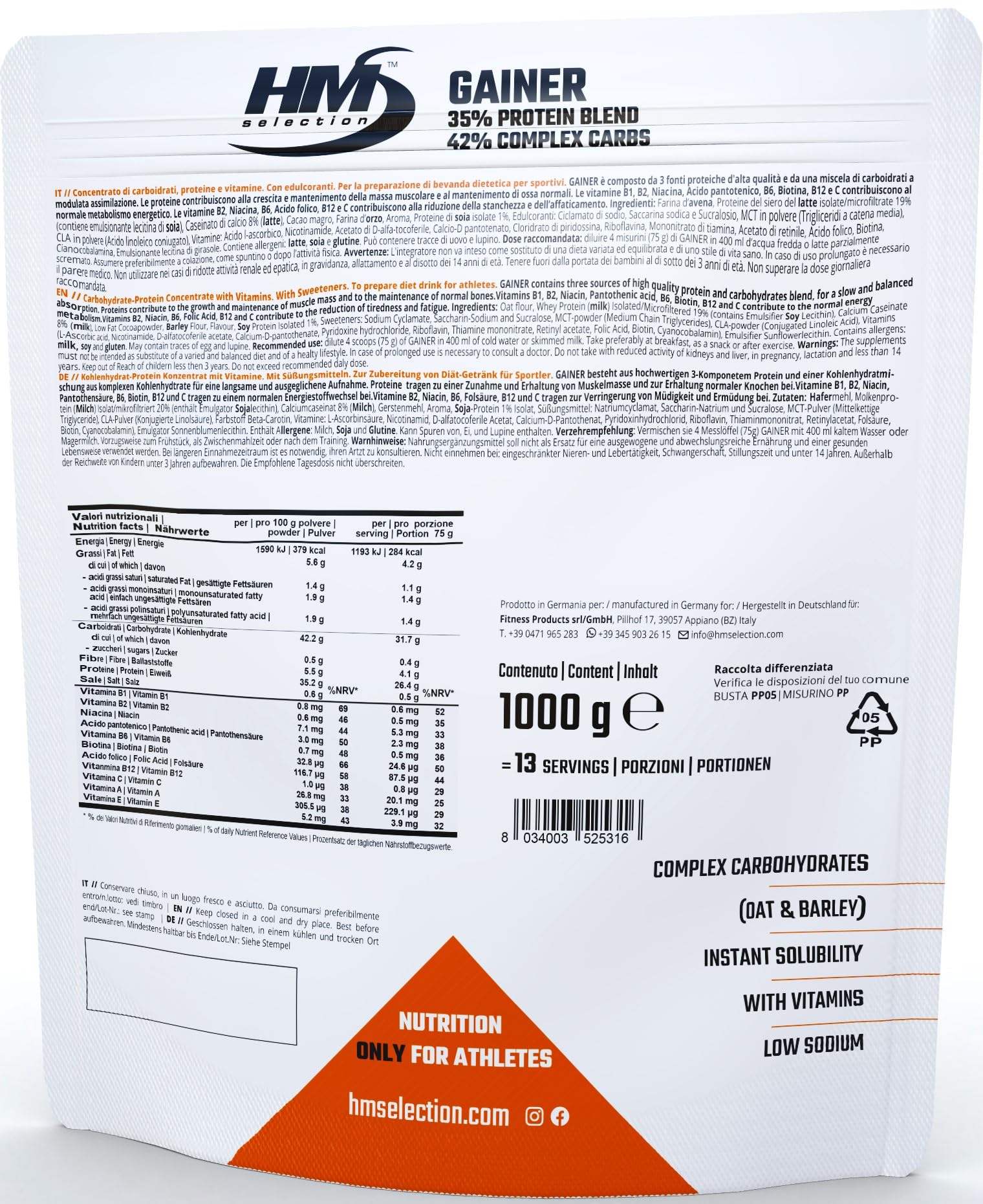 GAINER - 1000g Cioccolato • 35% Proteine con farina d'avena e d'orzo istantanea