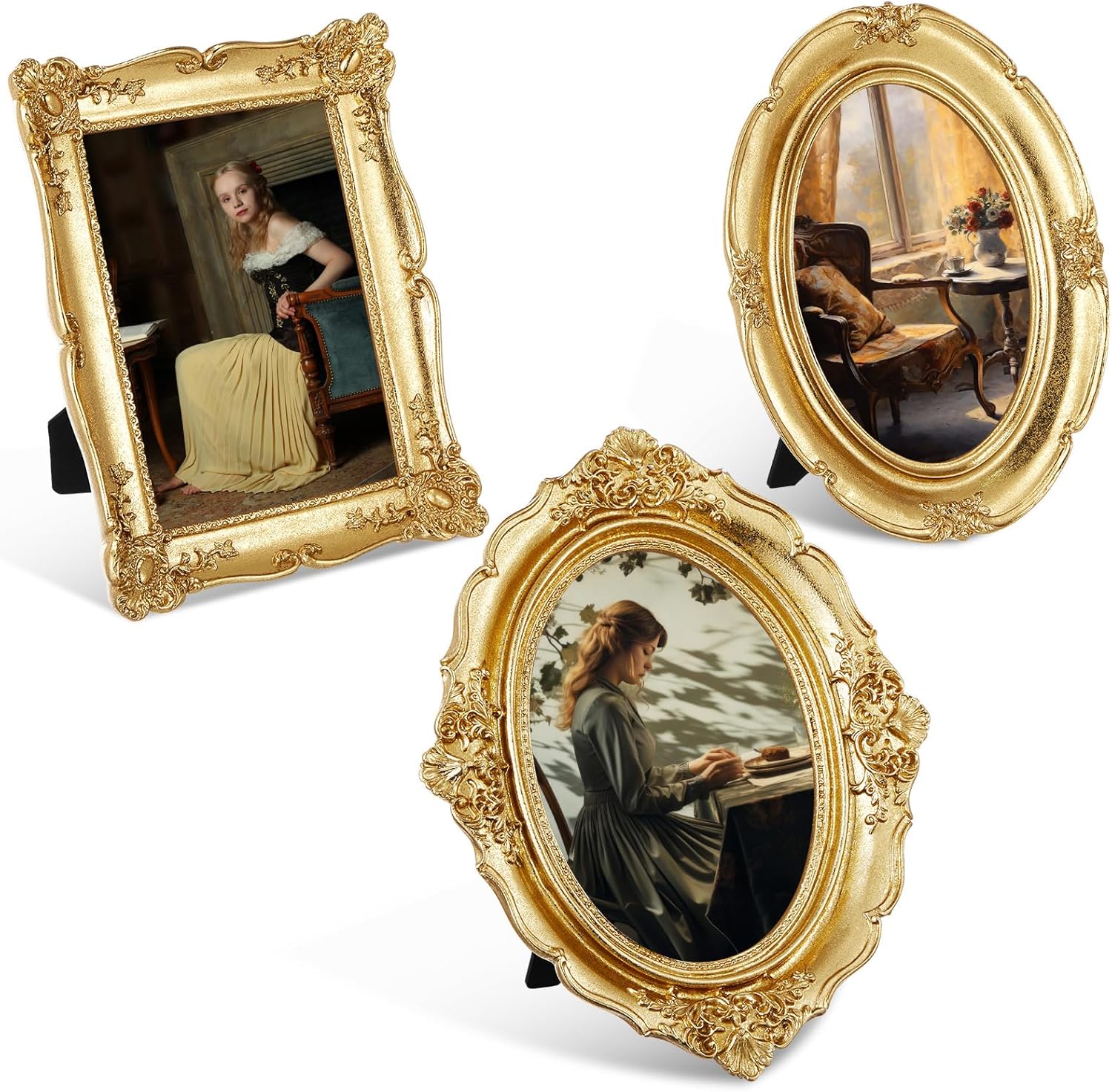 3 Pcs White Vintage Picture Frame Set Antique Oval Picture Frames 4x6, 5x7 Inch Baroque Photo Ornate Frames with Glass Gift for Tabletop Hanging Wall Art Wedding Home(French Style)
