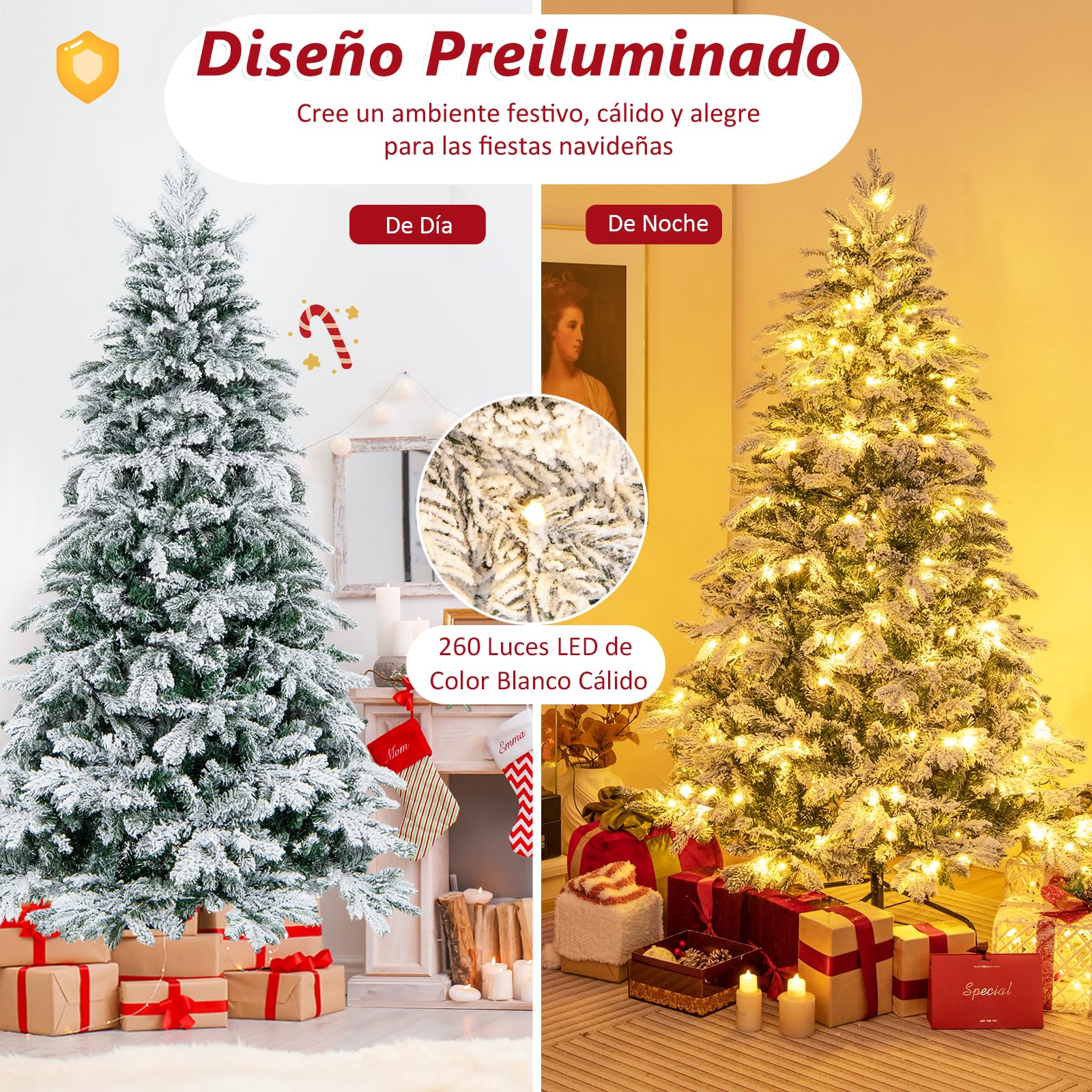 COSTWAY Árbol de Navidad Nevado con Luces 180cm, Arbol de Navidad con Luces Incorporadas, 260 Luces LED Cálidas, 1415 Puntas de PVC y PE, Arvore de Natal Hogar Oficina Fiesta (180cm)