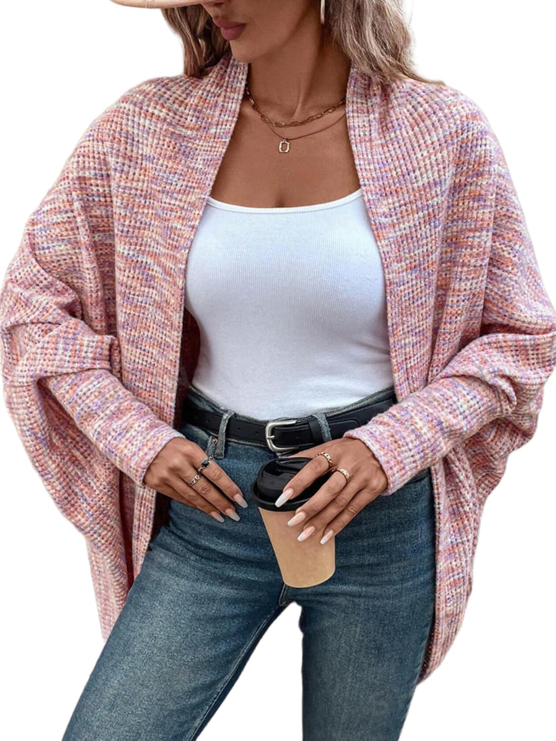 CHICME Cardigan Sweaters for Women Waffle Knit Coat Batwing Long Sleeve Open Front Long Cardigans Outerwear