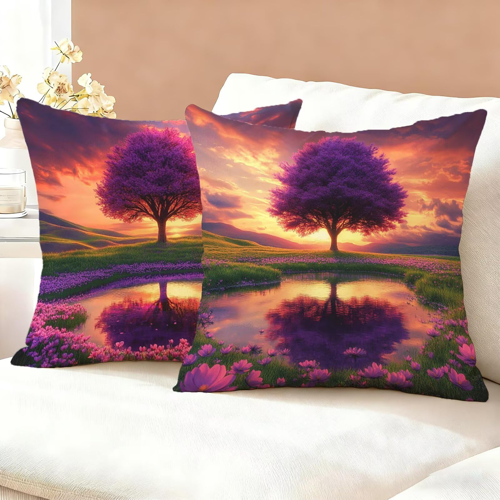 Drzewo Poszewki na poduszki Sofa 80 x 80 Zestaw 2 szt., Wodoodporna poszewka na poduszkę Poszewka na poduszkę Pościel Niewidoczny zamek błyskawiczny, Miękkie wygodne oddychające poszewki na poduszki