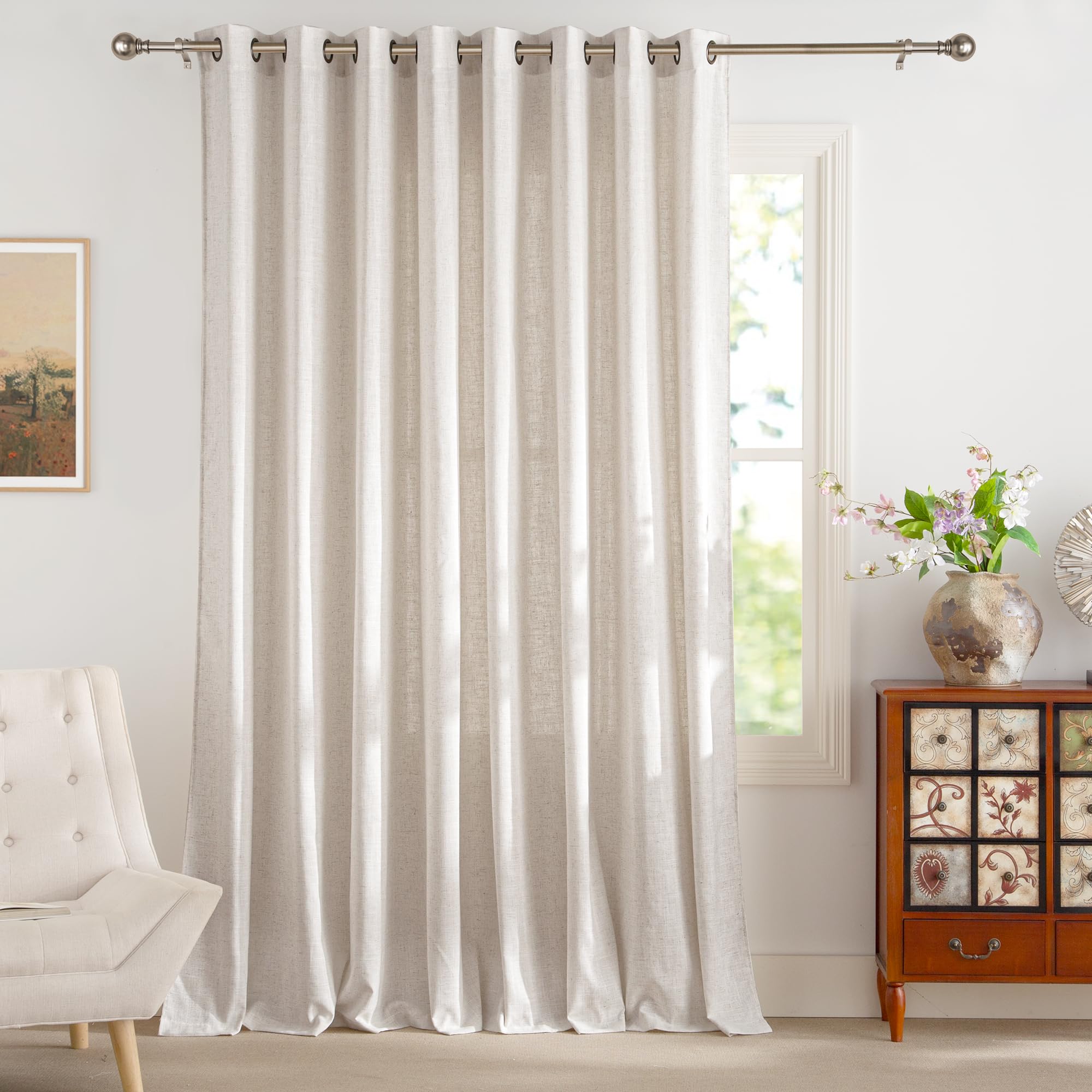 PONY DANCE Cortinas 3 Metros de Lino con Ojales, Cortinas Semi Translucidas Visillos Grandes Gruesos(250 g/m2) para Salon/Dormitorio 1 Panel,300x245cm,Lino