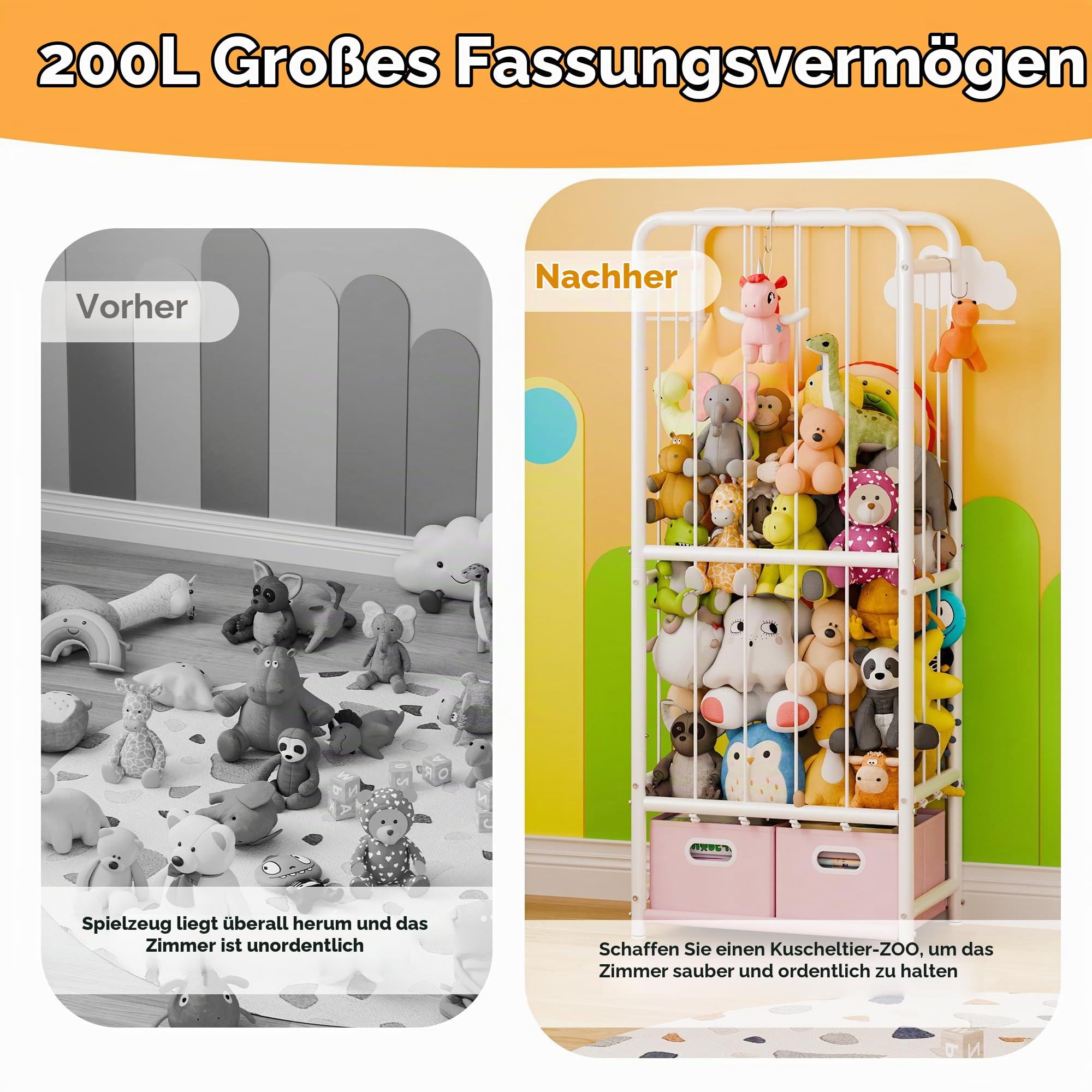 GRANNY SAYS Stofftier-Aufbewahrung mit 2 Spielzeugbehältern, Zoo-Stofftier-Halter, Spielzeug-Organizer mit Gummiband und Haken, platzsparend, vertikal, Kinderspielzeug, Organizer für Schlafzimmer