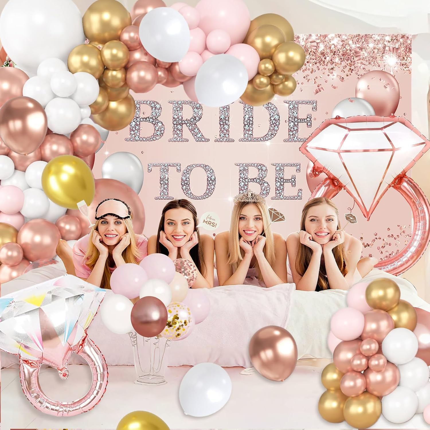 121 Pcs Bachelorette Party Decorations Kit Rose Gold Bridal Shower Balloons Decor Bride to Be Backdrop, Sash, Veil, Crown, Diamond Ring Foil Balloons, Photo Booth Props Supplies - Image 4