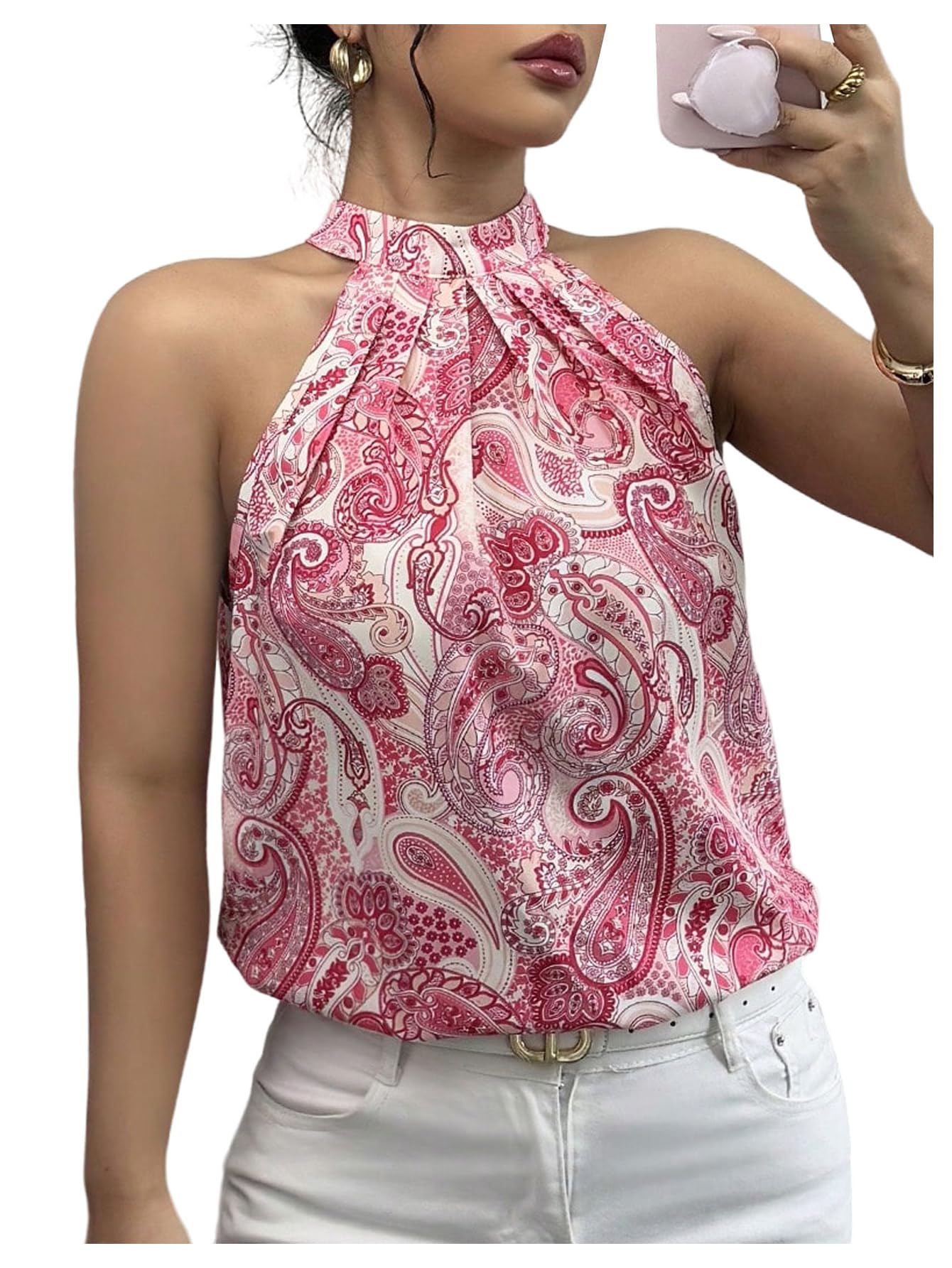 RoseSeek Women's Tropical Paisley Print Halter Blouse Sleeveless Boho Shirt Tops Button Back Vacation Tops