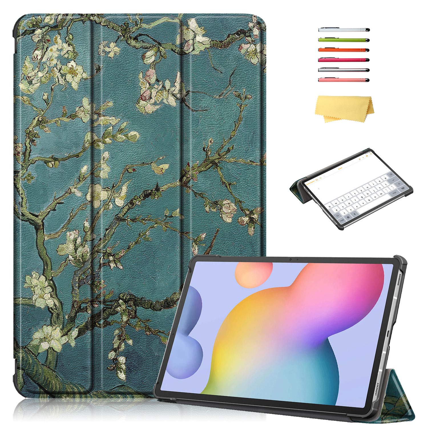 Etui do Samsung Galaxy Tab S8 Plus 12,5 cala 2022/S7 FE 2021/S7 Plus 2020 (SM-X800/X806/T730/T733/T736/T738/T970/T975/T976) lekkie potrójnie składane cienkie etui do automatycznego budzenia E/Sen, migdałowy Kwiat