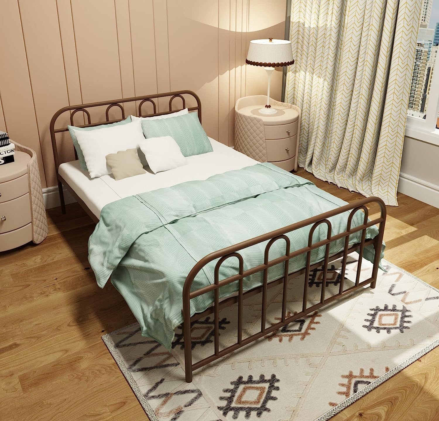 Universe Furniture Glow King Size Metal Bed Without Storage with Mattress (Matte Finish, Brown)