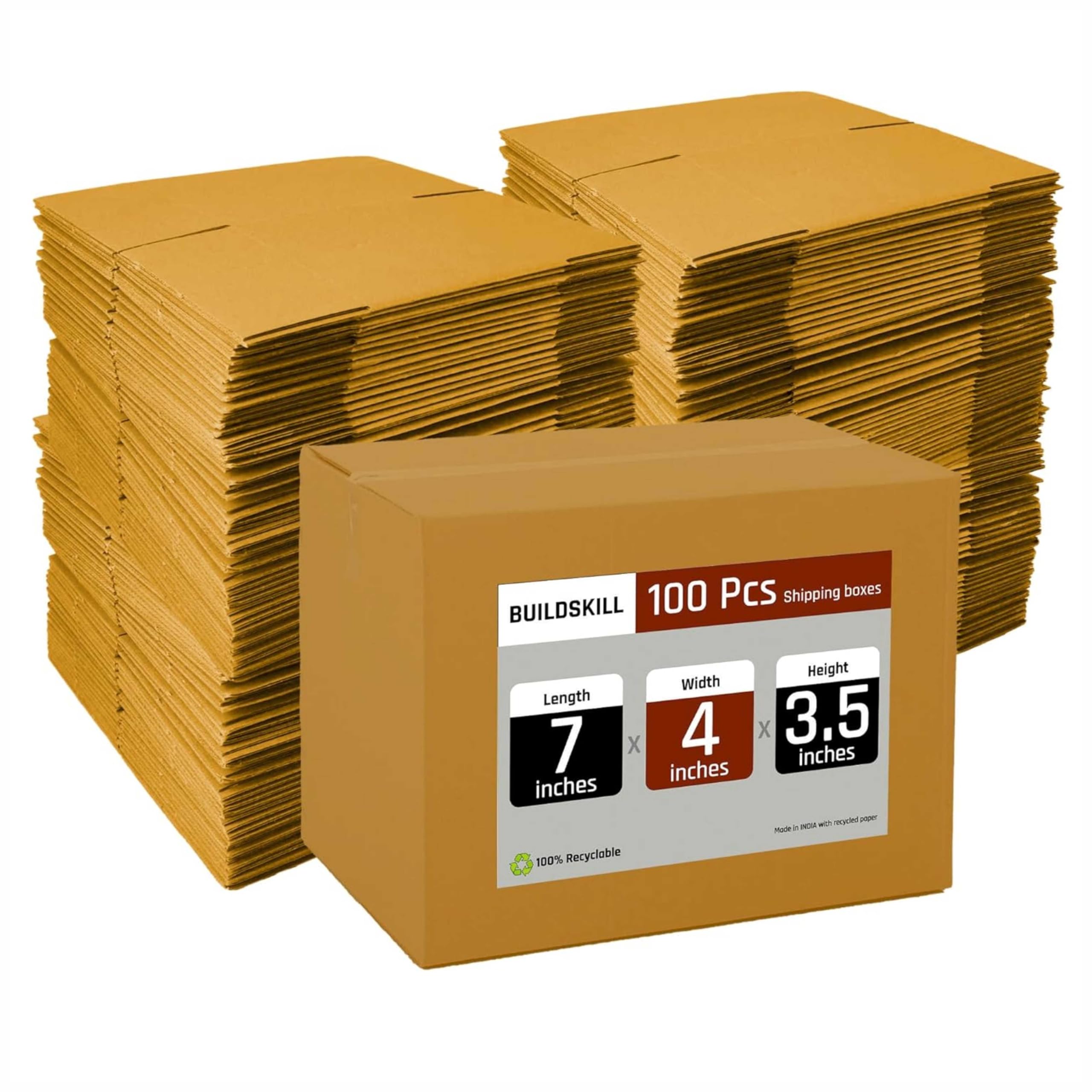 BUILDSKILL Pack of 100 | 3 Ply | 7"X4"X3.5" Cardboard Boxes for Packaging | Brown Corrugated Box for Packing | Shipping | Shifting | Parcel | Courier Packing box | Extra Small Carton Box | Recycled