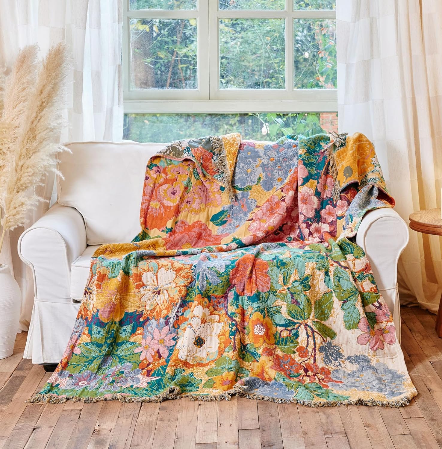 Boho Throw Blanket - 100% Cotton Throw Blankets for Bed Couch, 60"x80" Soft Muslin Lightweight Spring Throw Blanket, Cozy Oil Painting Bohemain Bedding Decor Green Throw Quilt