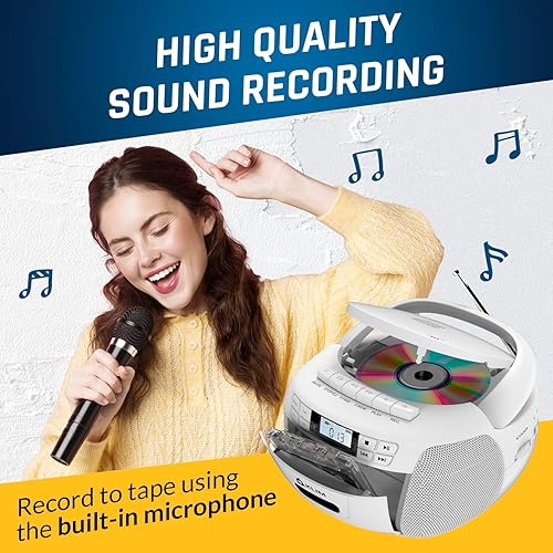 Miniatura 8 de KLIM Reproductor de CD y reproductor de cinta de cassette, Bluetooth Boombox, radio AMFM, sonido estéreo, control remoto, combo de CD y cassette,