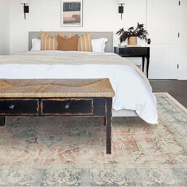 RUGGABLE Washable Vintage Area Rug – Sarrah Coral 8x10, Stain-Resistant, Non-Slip – Large Machine Washable Rugs for Living Room, Bedroom, Hallway, Entryway & Office–with Standard Pad