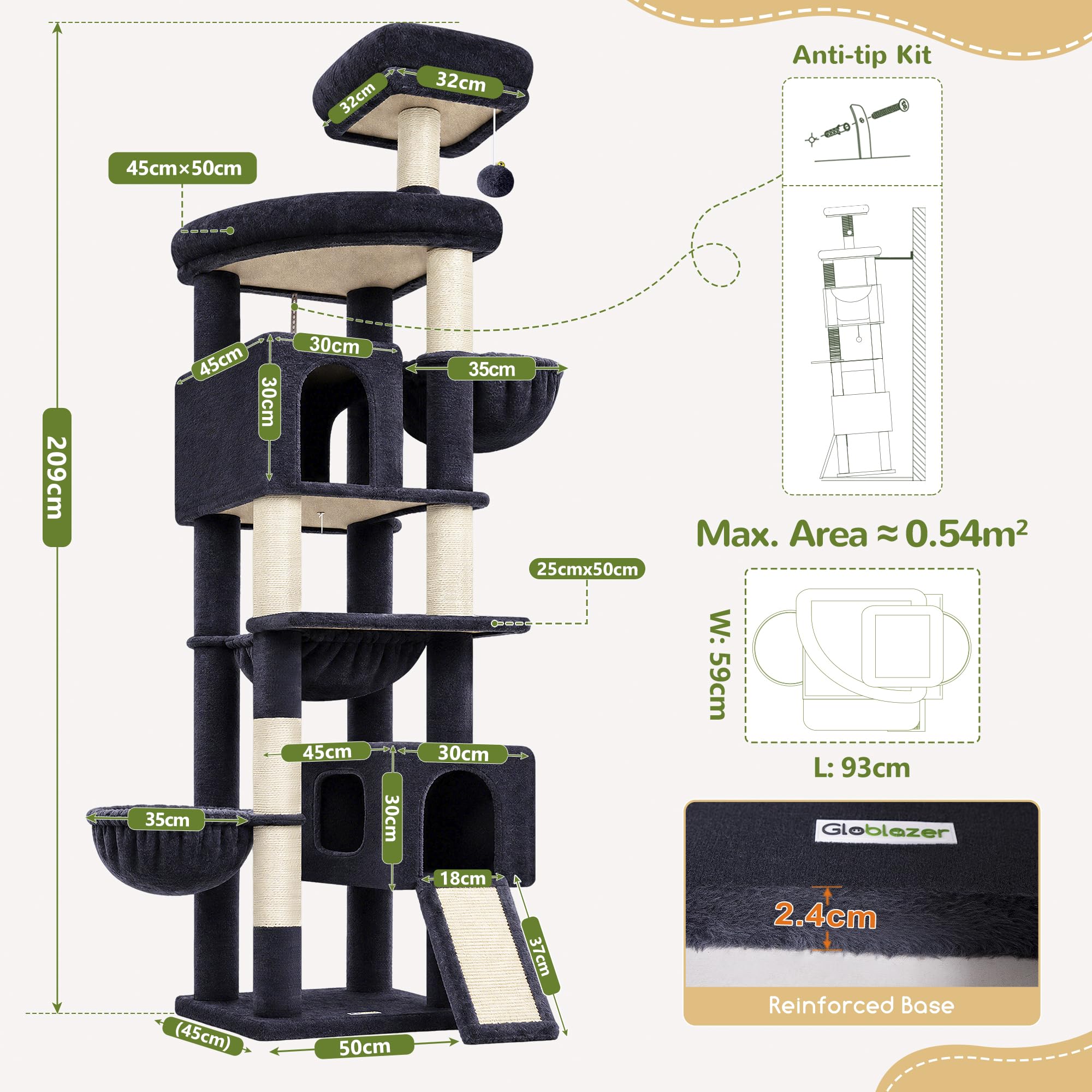 Globlazer Árbol Rascador XXL 209 cm para 2/3/4 Grande Gatos Interiores F82C | Estabilizar Árboles de actividades para gatos con Hamaca Rampa de sisal para Gatitos Gatos adultos Gatos mayores