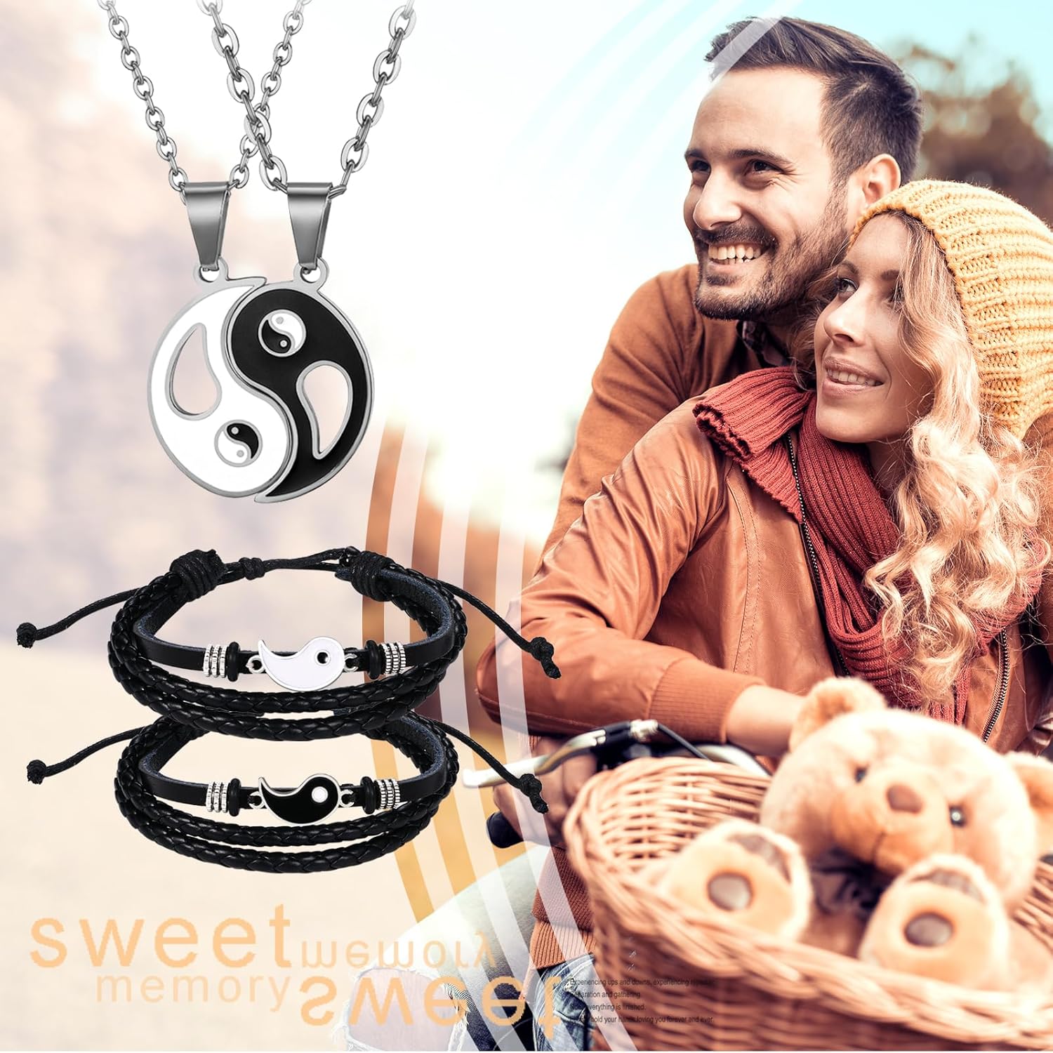 [Oidea] 陰と陽 カップル ブレスレット ネックレス セット: 調節可能 レザー ロープ バングル 手織り 腕輪 マッチング ペンダント-バレンタインデー 恋人 友達 誕生日 ギフト
