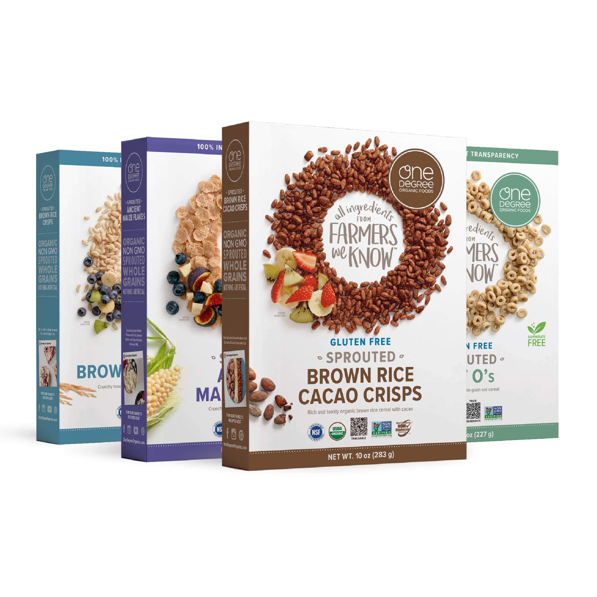 Buy One Degree Foods Sprouted Cereal Variety Pack, Ancient Maize, Brown Rice Crisps, Cacao O’s