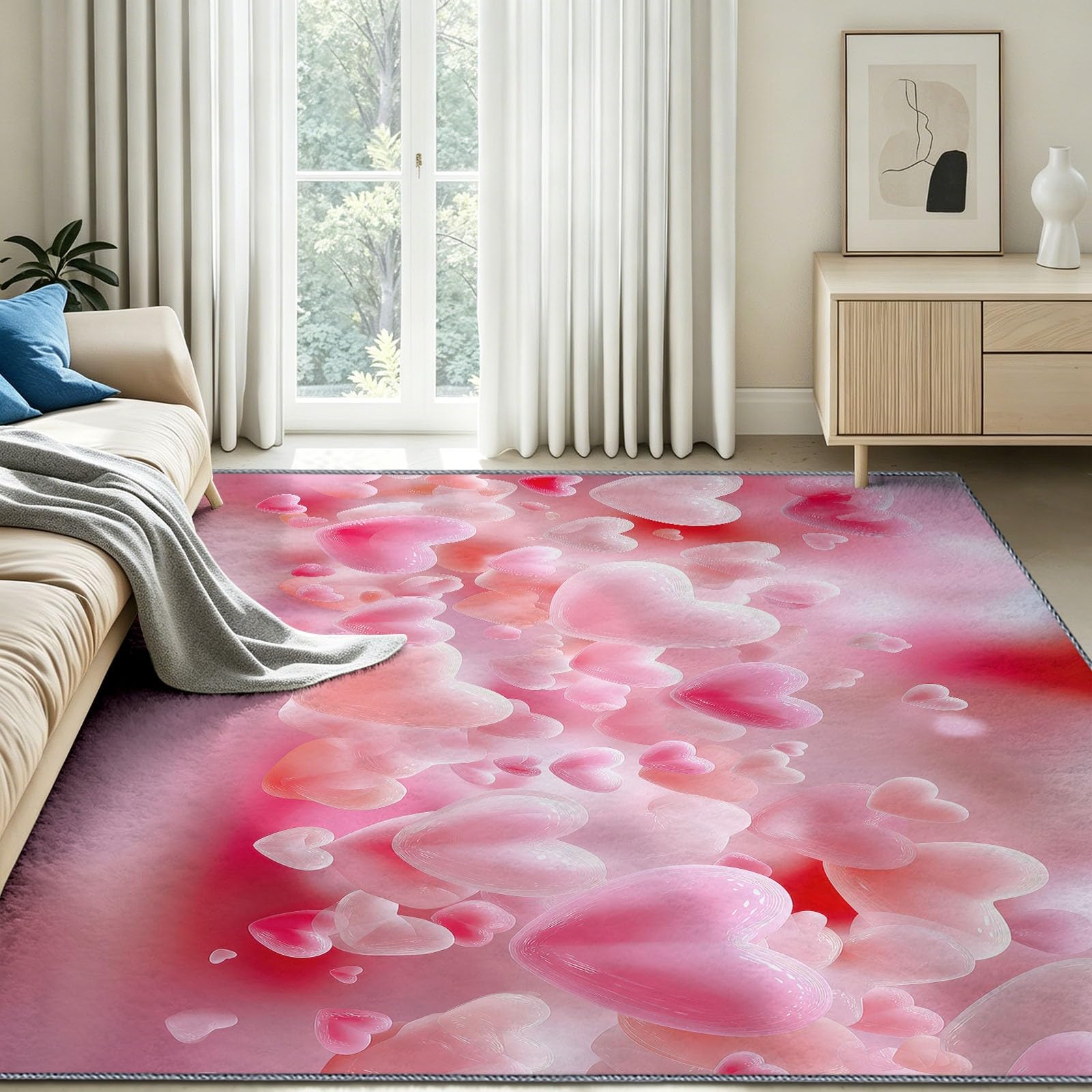 Générique Dywan 140 x 200 cm do wnętrz antypoślizgowy chłonny, łatwy do czyszczenia - dywan z sercem 3D, romantyczna, walentynkowa, miękka mata podłogowa do sypialni, salonu, przedpokoju różowy