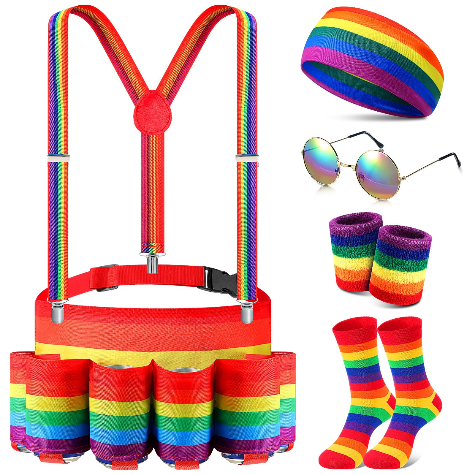 Mepase 6 Pcs Halloween Book Character Costume Rainbow Stripes Beverage Beer Belt Outfit Accessories Rainbow Striped Fanny Pack Drink Holder