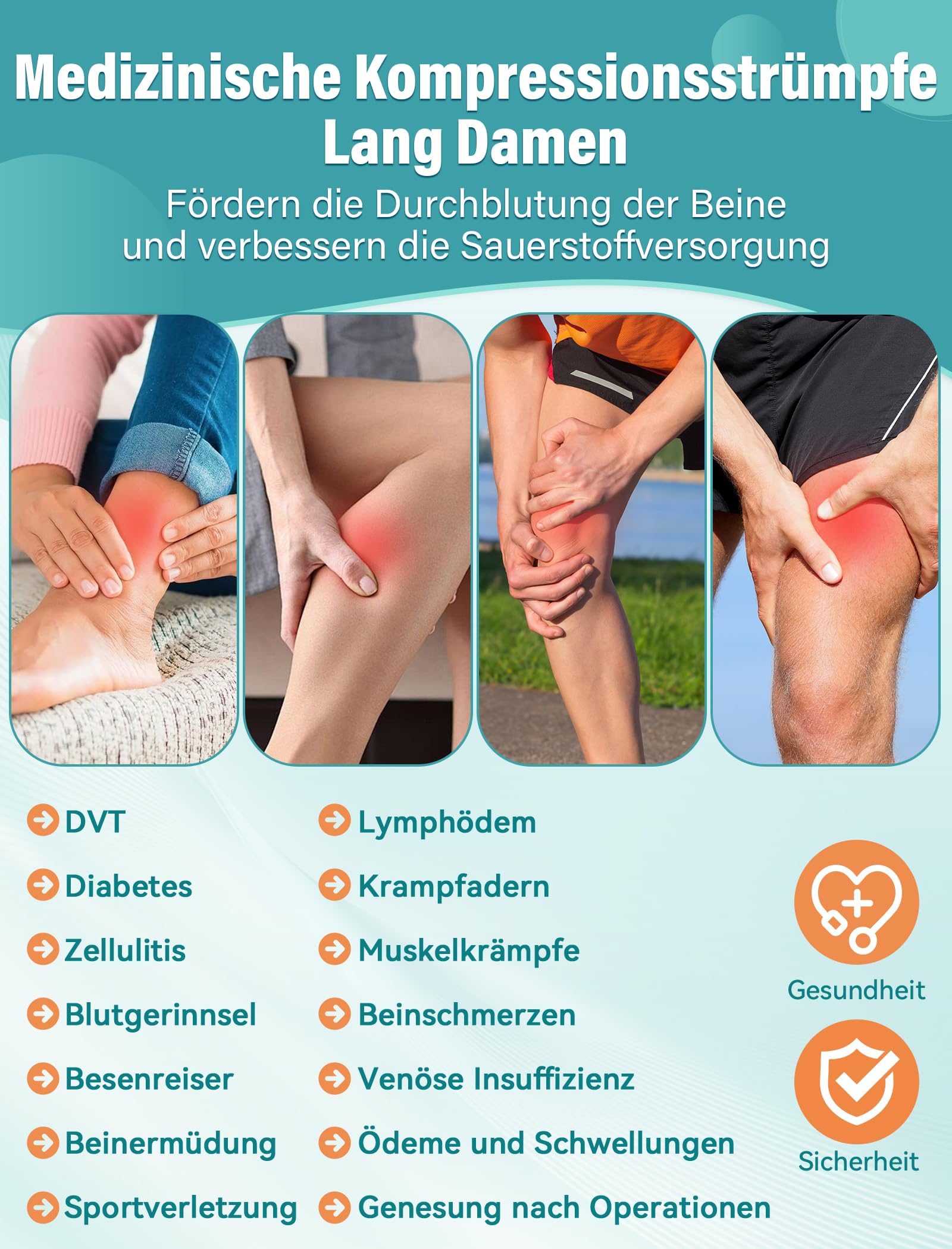 Medical Medias de compresión para hombre y mujer, 15 – 20 mmHg, clase I, largo muslo, calcetines de compresión, sin pie, con banda de silicona para apoyo graduado varicosas