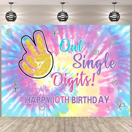 Out - Telón de fondo de un solo dígito de feliz cumpleaños número 10, arco iris, teñido anudado, fondo de fotografía para niñas, decoración de