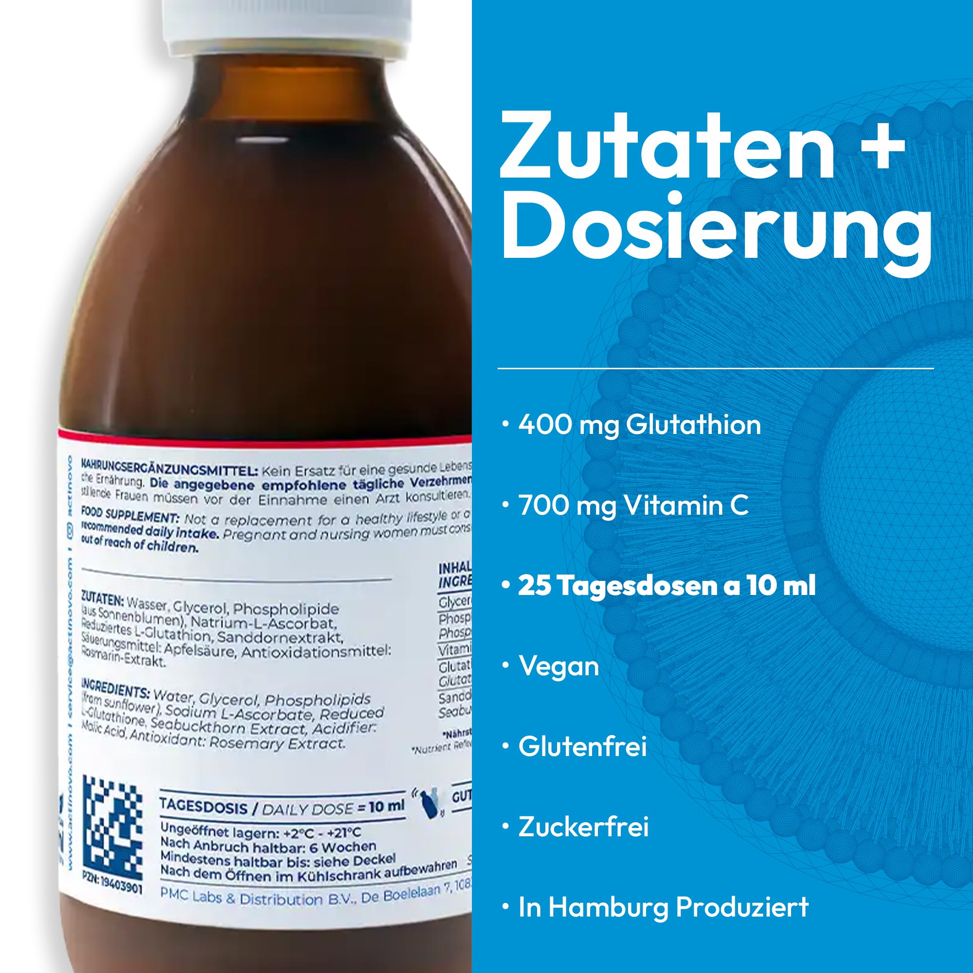 Liposomal glutathione, high dose, anti-oxidation, daily dose 400 mg reduced  glutathione, high bio availability, liquid, no additives, vegan. 250.0 : 