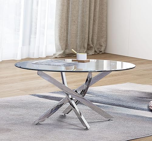 Miniatura 5 de Pvillez Mesa de centro de cristal, moderna mesa de café de 35.43 pulgadas, mesa de té con parte superior de vidrio templado, patas de acero