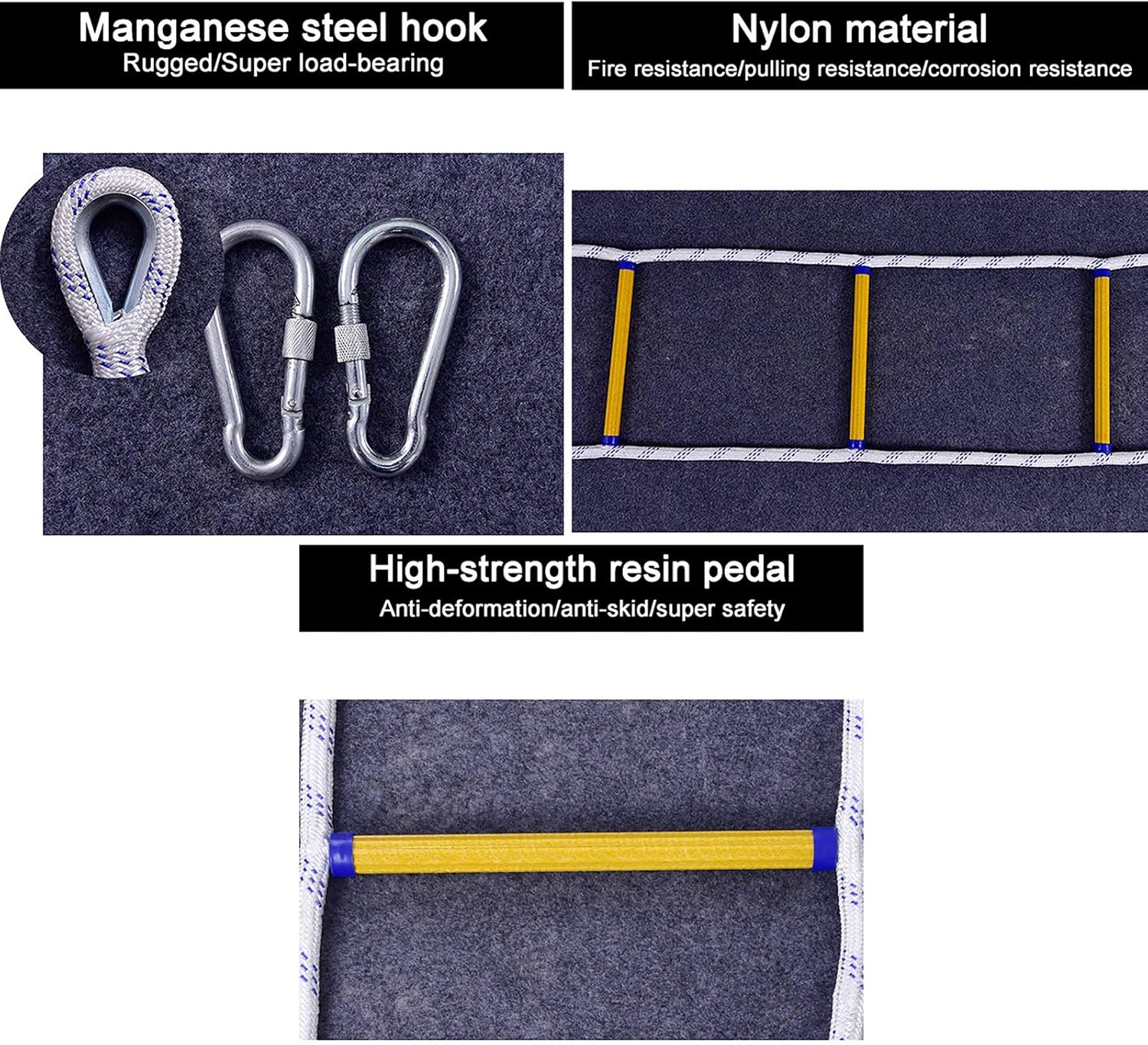 KCTOT非常階段はしごロープはしご非常階段3M-50M、カラビナ付きの重い安全はしご、窓やバルコニーに最適6pcs