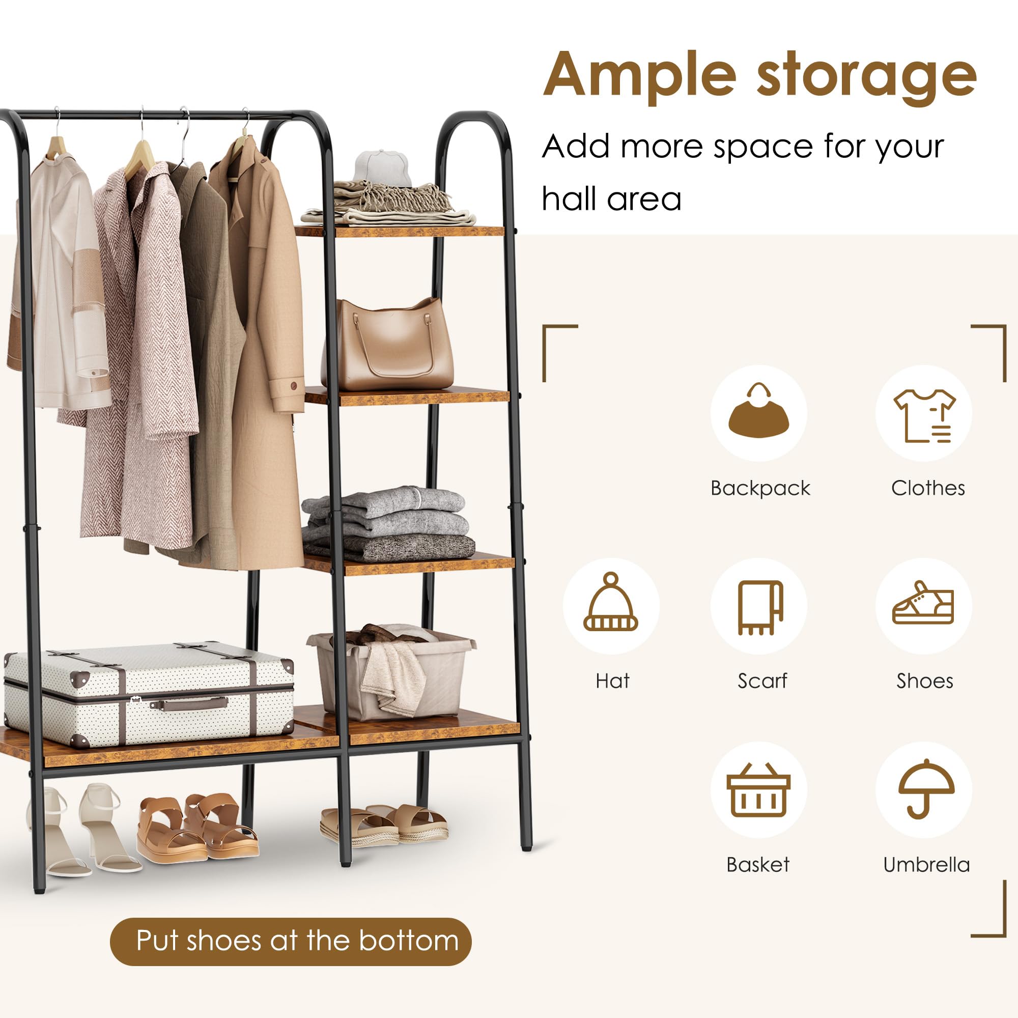 SogesHome Perchero de pie para ropa con compartimentos de almacenamiento para dormitorio entrada Percheros de pasillo Estante para ropa o perchero