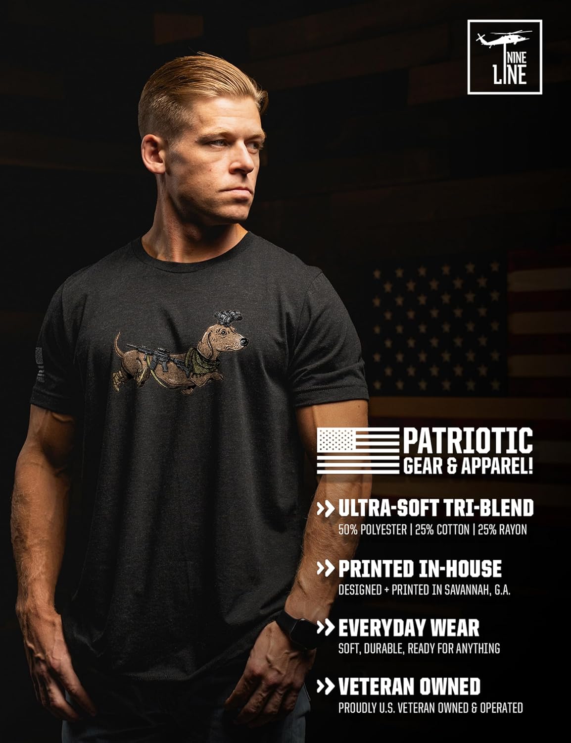Nine Line Tactical Wiener Dog T-Shirt for Men, Funny Dachshund Military Graphic, Patriotic Veteran-Owned Military Apparel USA