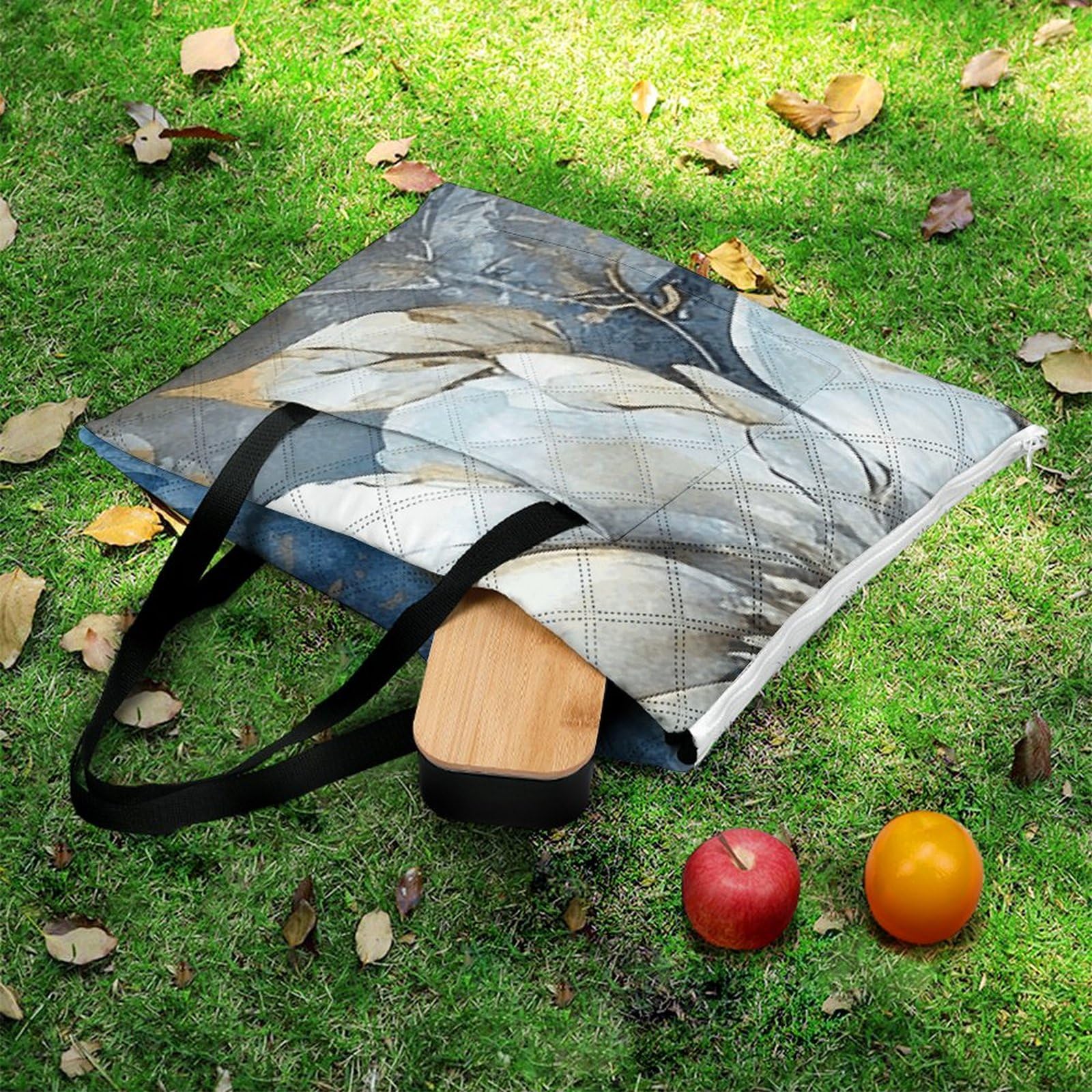 Tapis de pique-nique convertible à fermeture éclair - Couverture d'extérieur imperméable et isolante avec sac fourre-tout - Pliable pour camping, plage, parc - 200 x 200 cm - Bleu et blanc