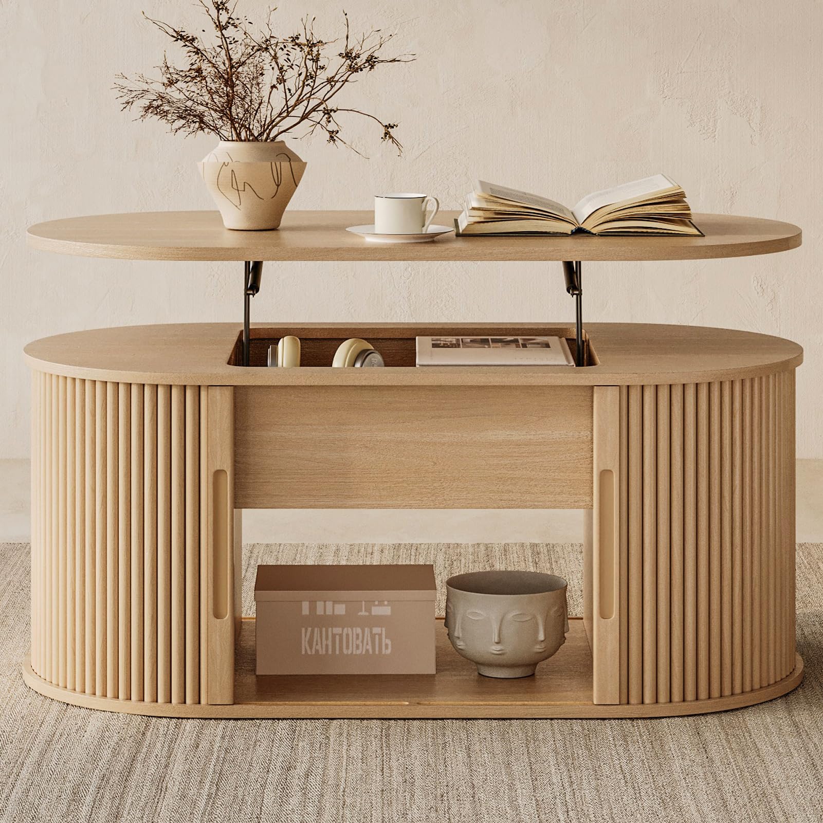 LINSY Lift Top Coffee Table Oval Fluted Coffee Table with Storage Boho Wooden Coffee Tables with Sliding Tambour