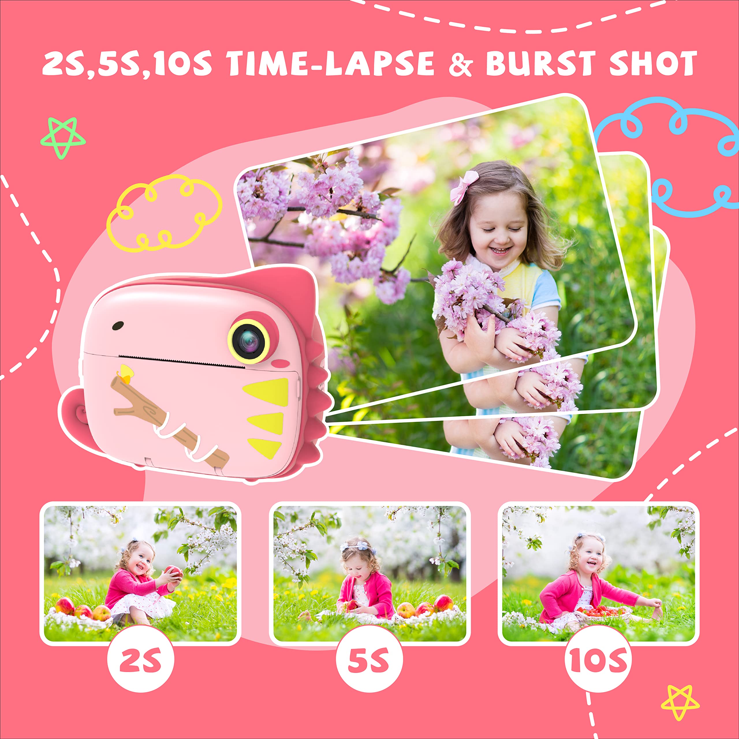 TIATUA kinderkamera sofortbildkamera, Digitalkamera Videokamera mit 20MP Dual-Linse & 32GB Karte, ohne Tinte Sofortkamera für Mädchen Jungen 3-12 Jahren, Fotopapier & lustigem Zubehör inklusive