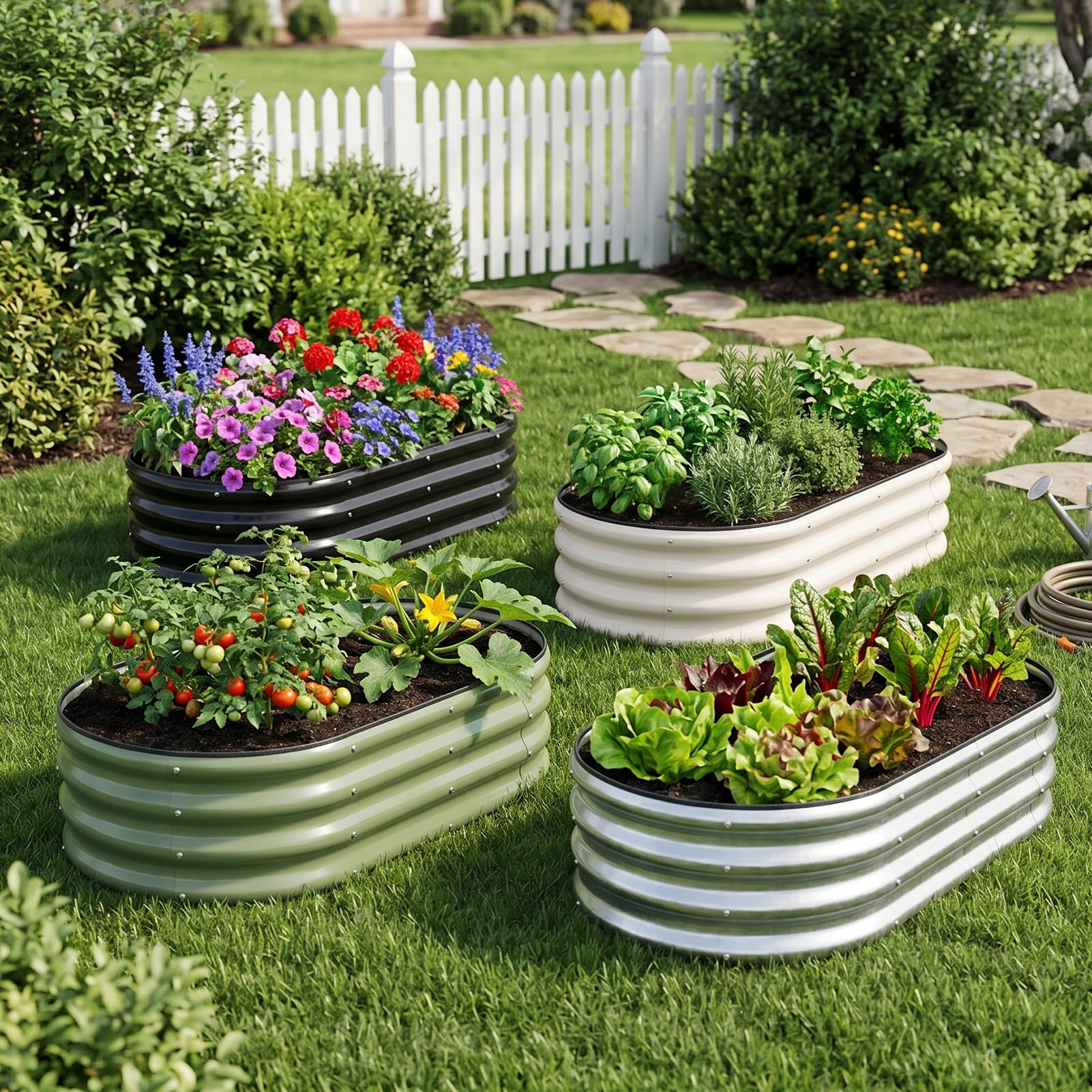 1MORE Verzinktes Hochbeet - Pflanzkübel für den Außenbereich, Hochbeete für Gartenarbeit, 1,2 x 0,6 x 0,3 m, Metall-Gartenbeet für Gemüse, Blumen, Pflanzgefäß Hochbeete mit Werkzeug, Silber, 2 Stück