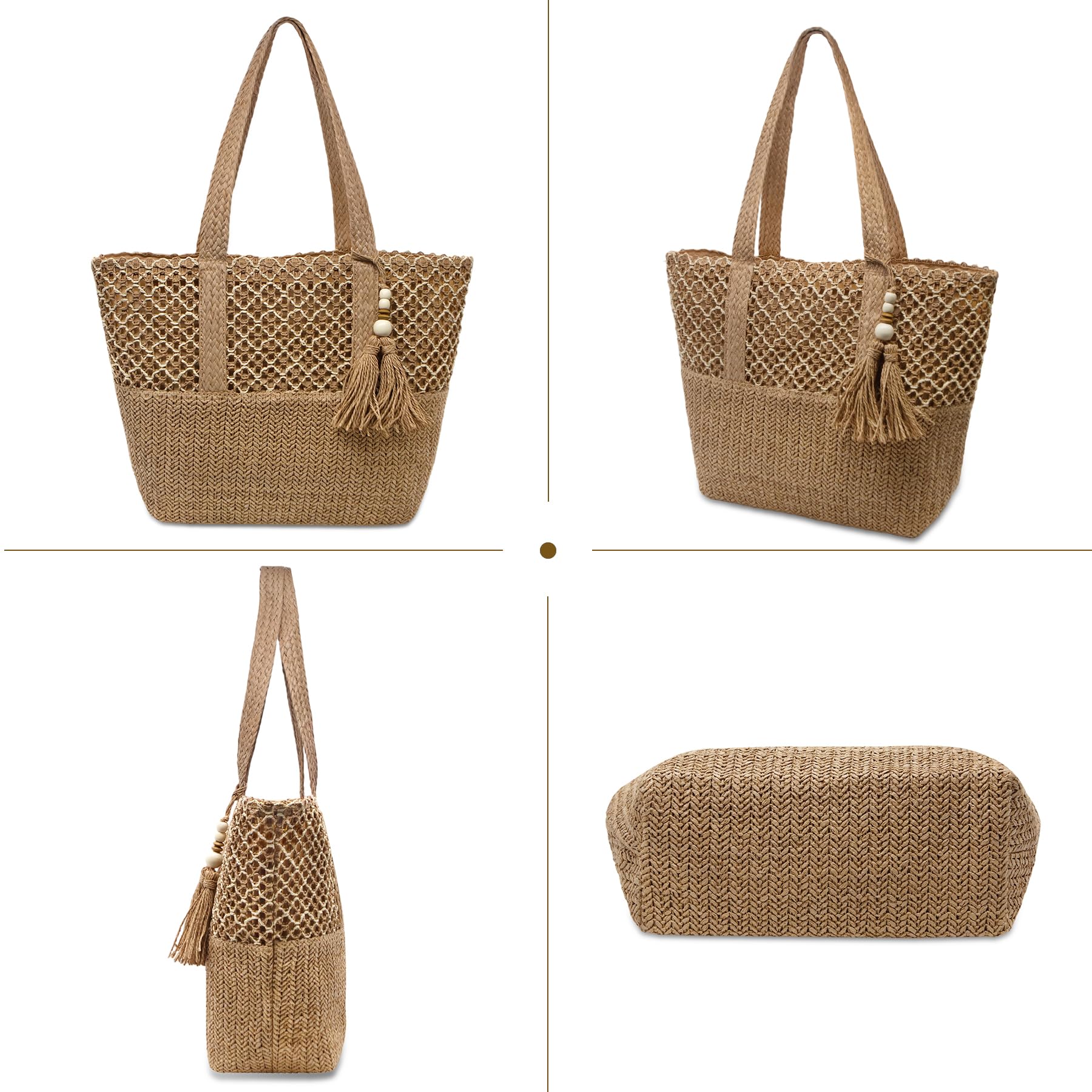 YAMEIZE Stroh Strandtasche für Damen Faltbare Große Gewebte Strohtasche Tasche Schultertasche mit Reißverschluss Sommerurlaub