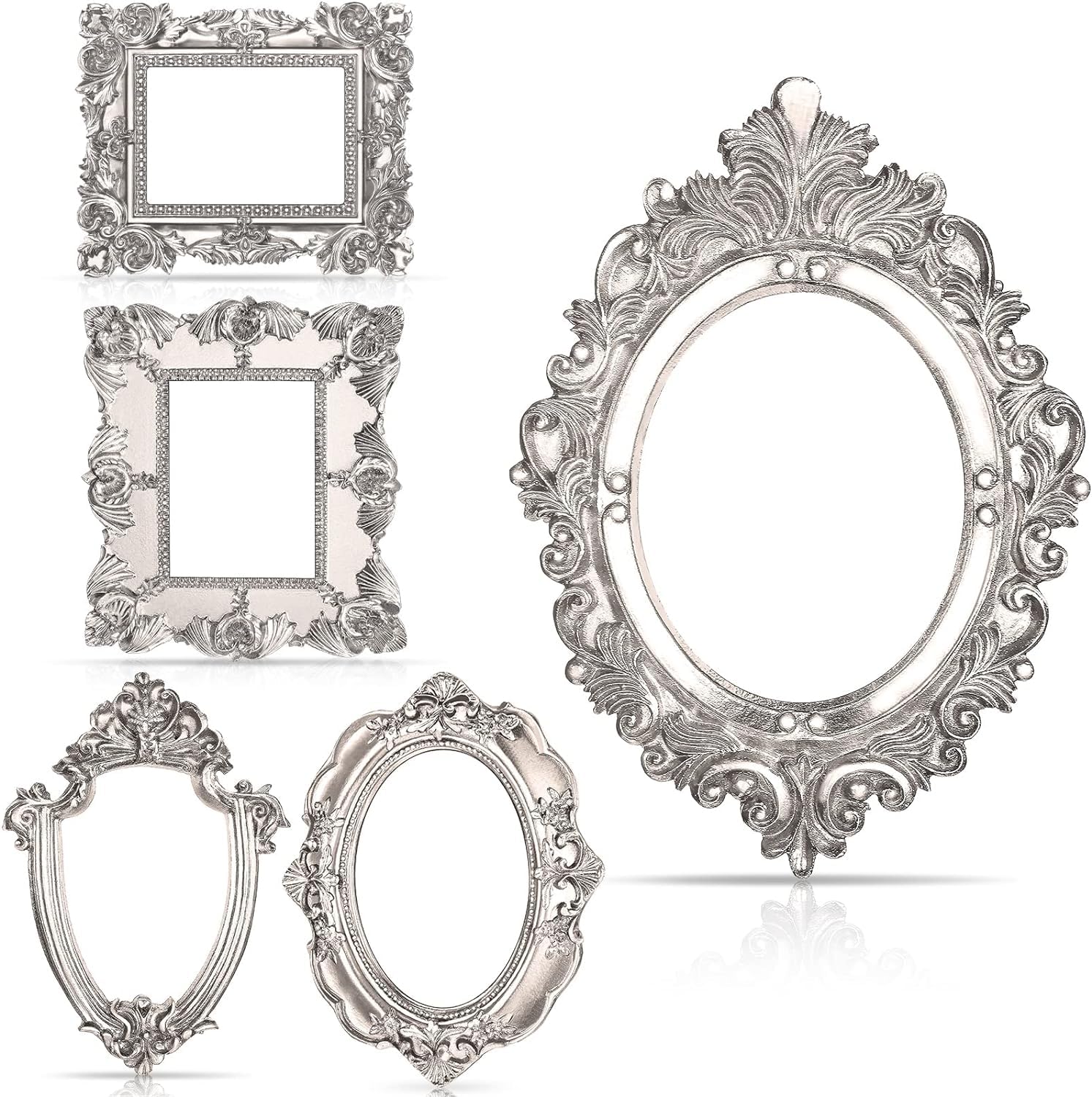 5 Pcs Vintage Resin Picture Frame, Antique Photo Resin Frame, Oval Rectangle Wall Hanging, Resin Jewelry Display Frame Photography Photo Frame DIY Photo Frame for Phone Photo Home Decoration (Silver)
