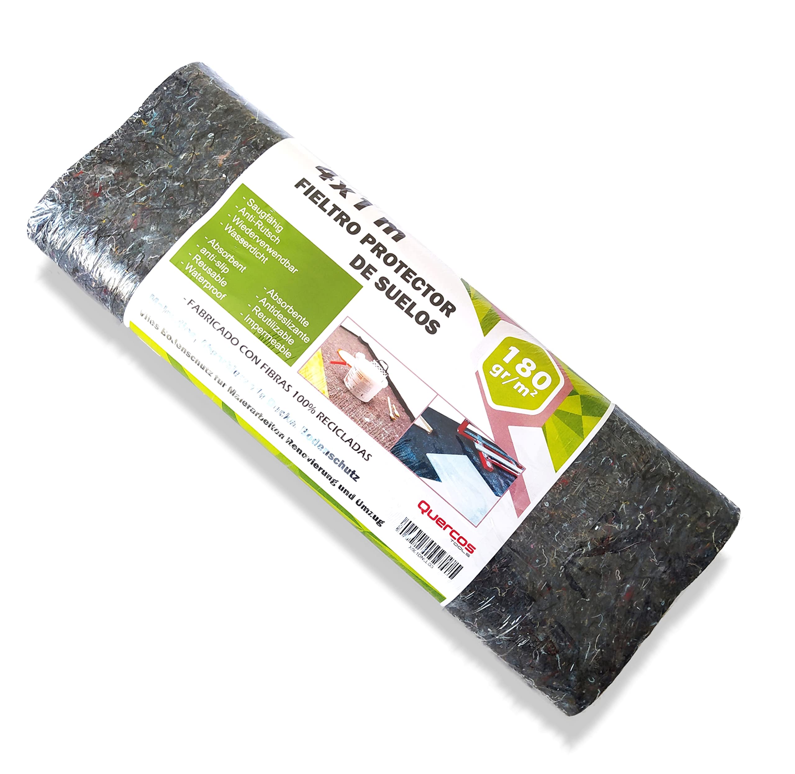Manta Absorbente de Fieltro Quercos 4x1 m – Alfombra Protectora para Pintar, Reformas y Mudanzas – Antideslizante e Impermeable 180 g/m² – Fieltro Reutilizable y Resistente
