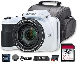 Kodak PIXPRO AZ425 Digital Camera (White) | 20MP Sensor, 42x Optical Zoom, 24mm Wide-Angle Lens & Optical Image Stabilization | Great for Travel & Everyday Photos (AZ425WH) + 64GB Card + Bag + Cloth