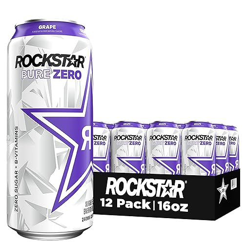 Rockstar Pure Zero - Bebida energética sabor a uva paquete de 12 latas de 16onzas el embalaje puede variar