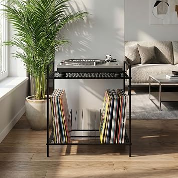 Grid 47x30x60cm Metal Plak ve Pikap Sehpası - 2 Katlı Düzenleyici Raflı Yan Sehpa (Siyah)